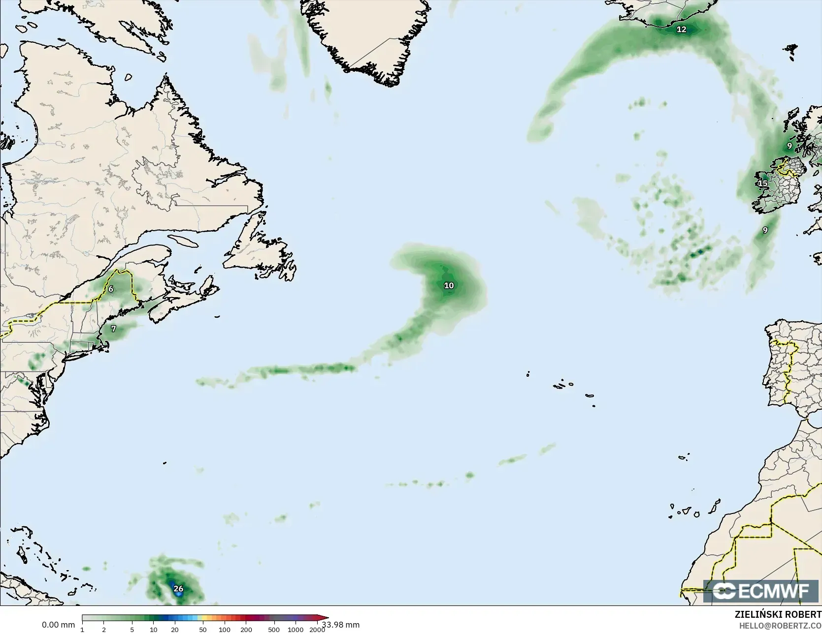 ECMWF IFS 0.25° نموذج - شمال الأطلسي, تراكم الهطول