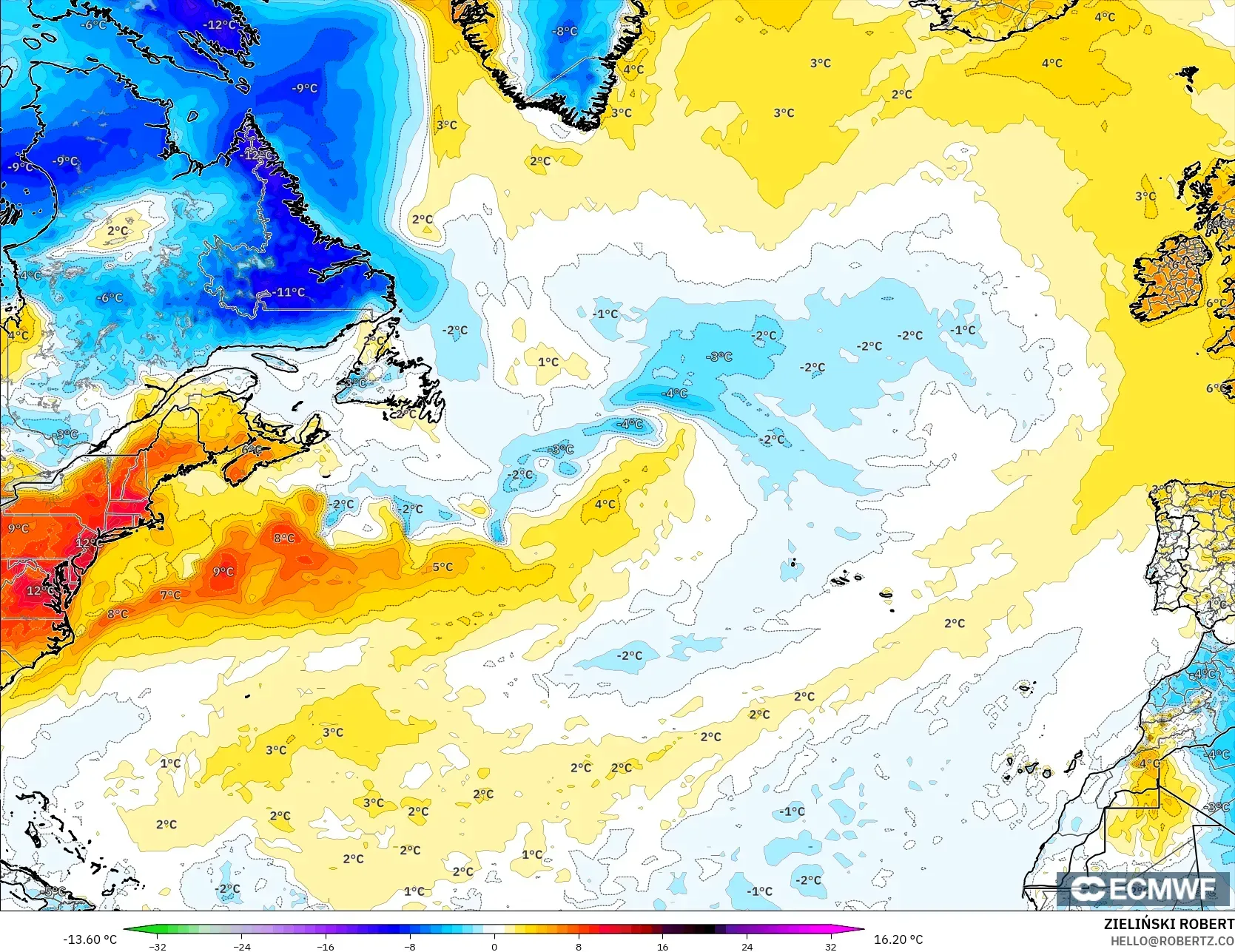 ECMWF IFS 0.25° model - North Atlantic, Temperature at 2m Anomaly