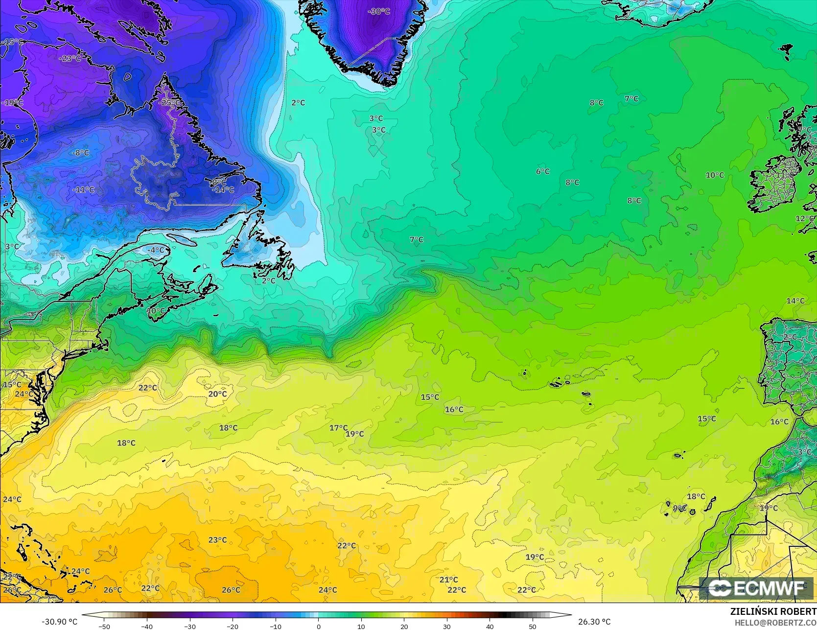 ECMWF IFS 0.25° نموذج - شمال الأطلسي, درجة الحرارة على ارتفاع 2 م