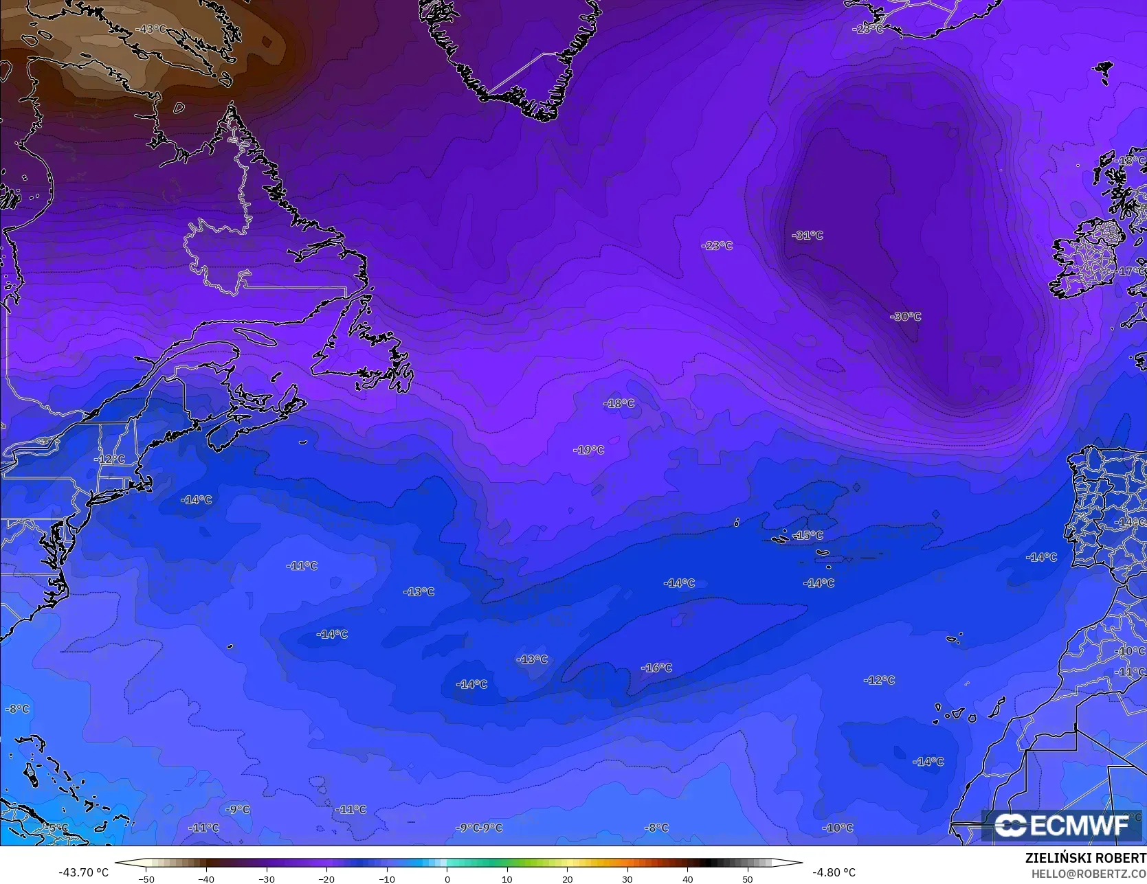 ECMWF IFS 0.25° نموذج - شمال الأطلسي, درجة الحرارة 500 hPa
