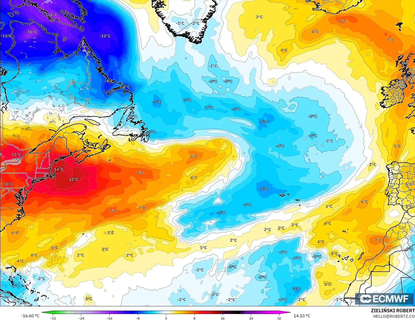 ECMWF IFS 0.25° model - North Atlantic, Temperature at 850hPa Anomaly