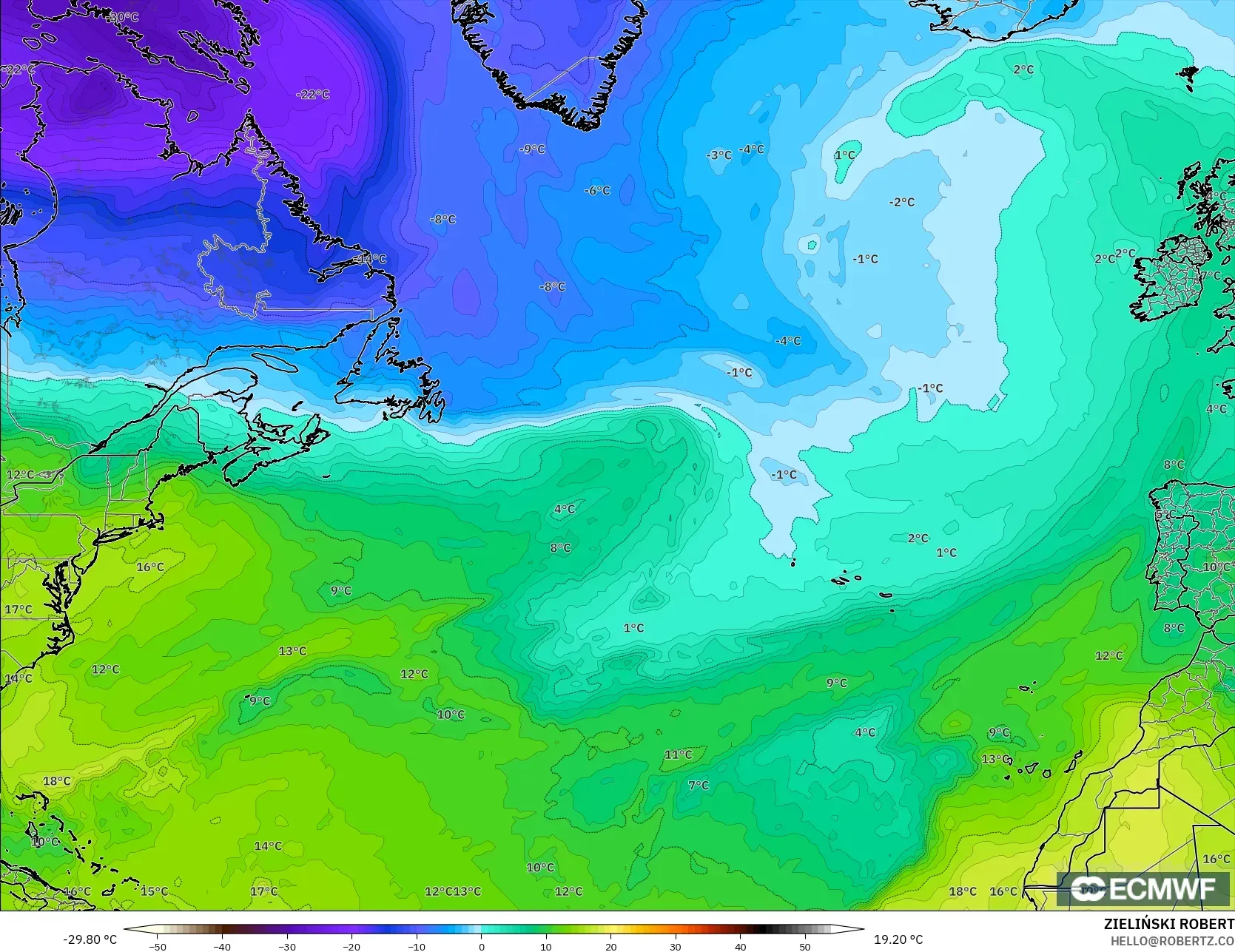 ECMWF IFS 0.25° نموذج - شمال الأطلسي, درجة الحرارة 850 hPa