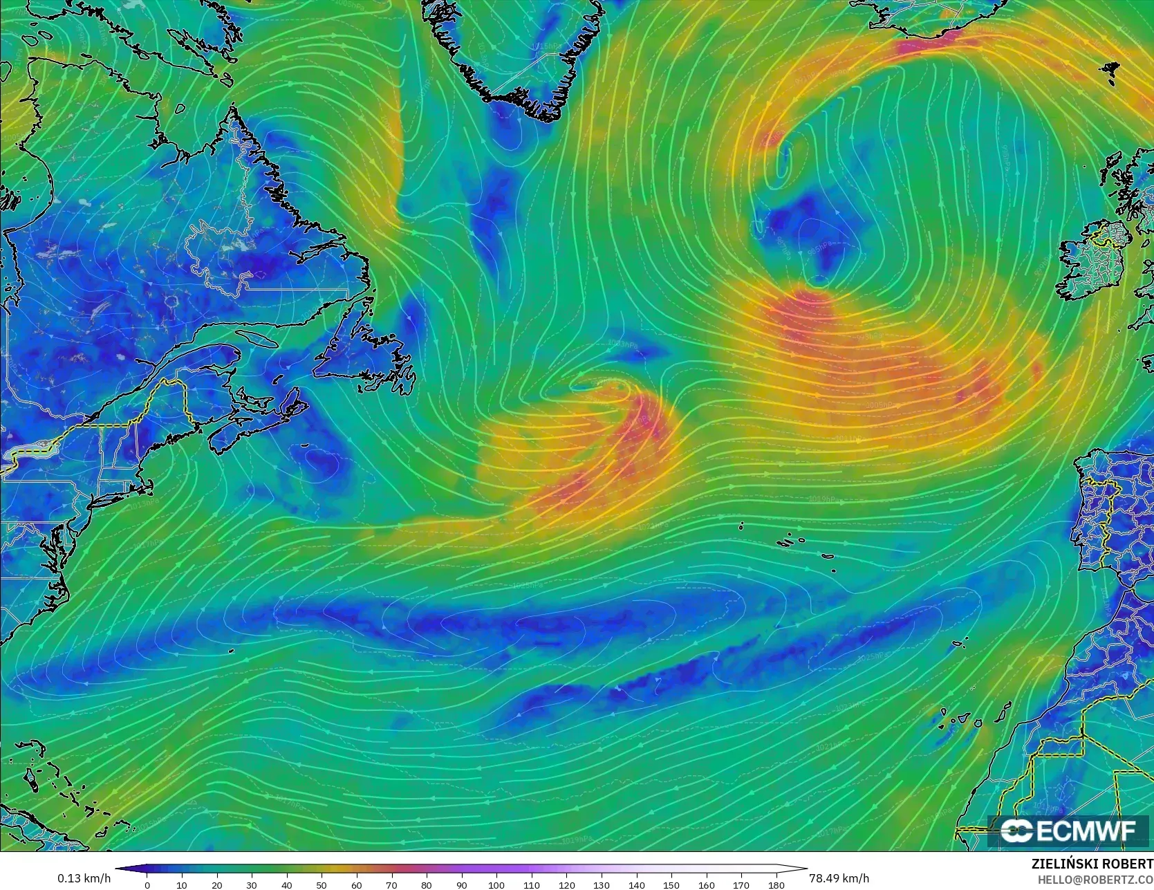 ECMWF IFS 0.25° نموذج - شمال الأطلسي, رياح 10 م