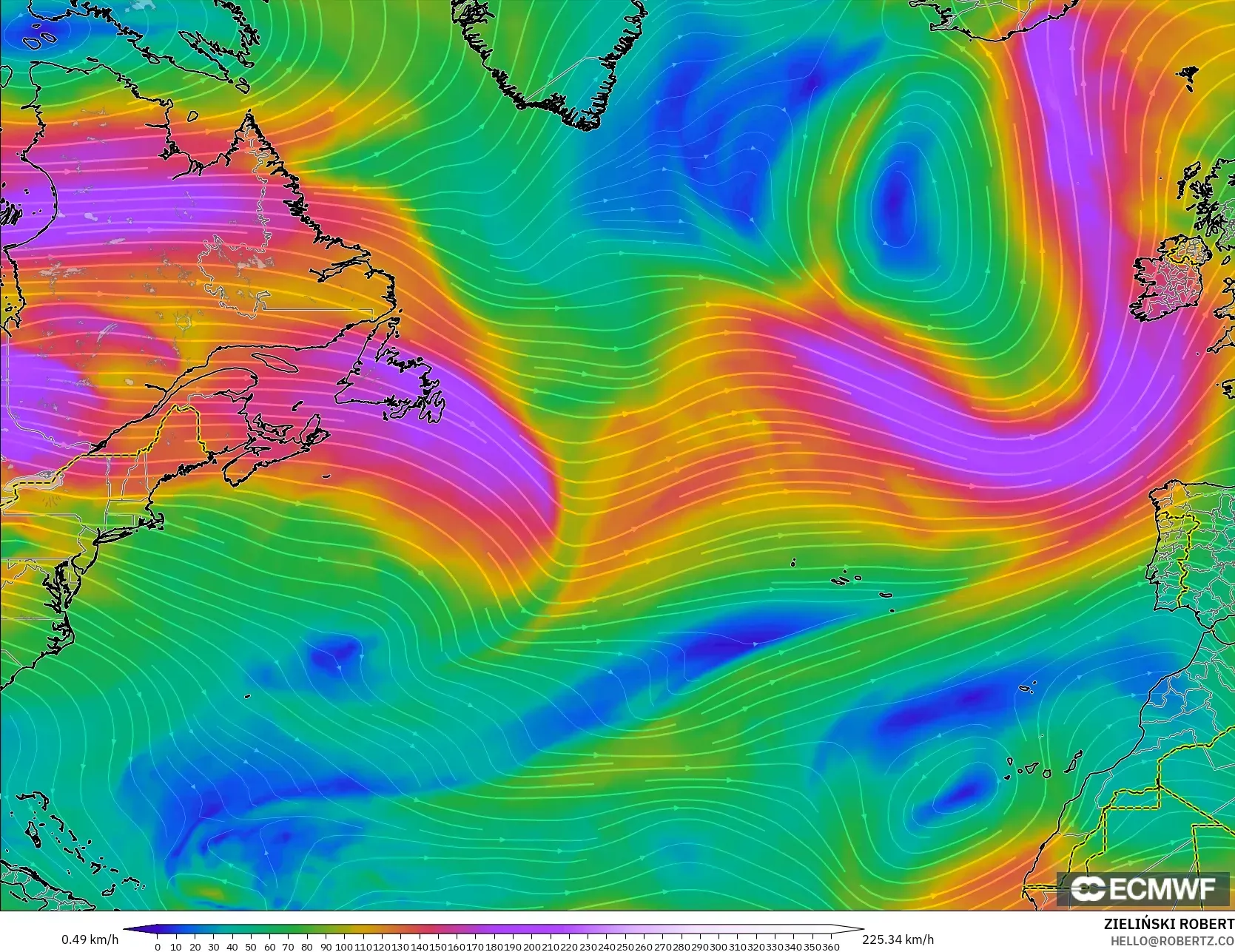 ECMWF IFS 0.25° نموذج - شمال الأطلسي, رياح 300 hPa (تيار نفاث)