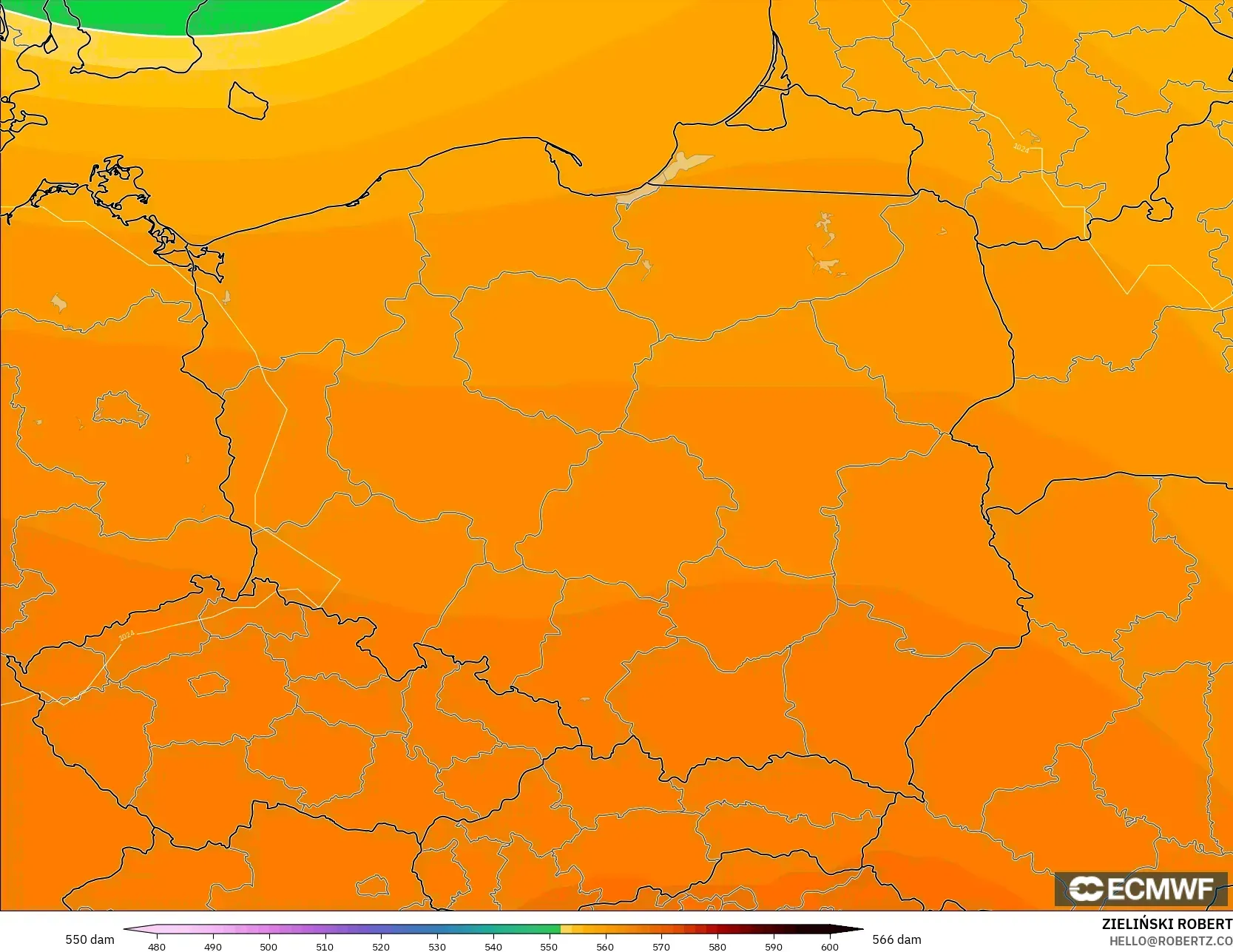 ECMWF IFS 0.25° model - Poland, Geopotential height at 500hPa