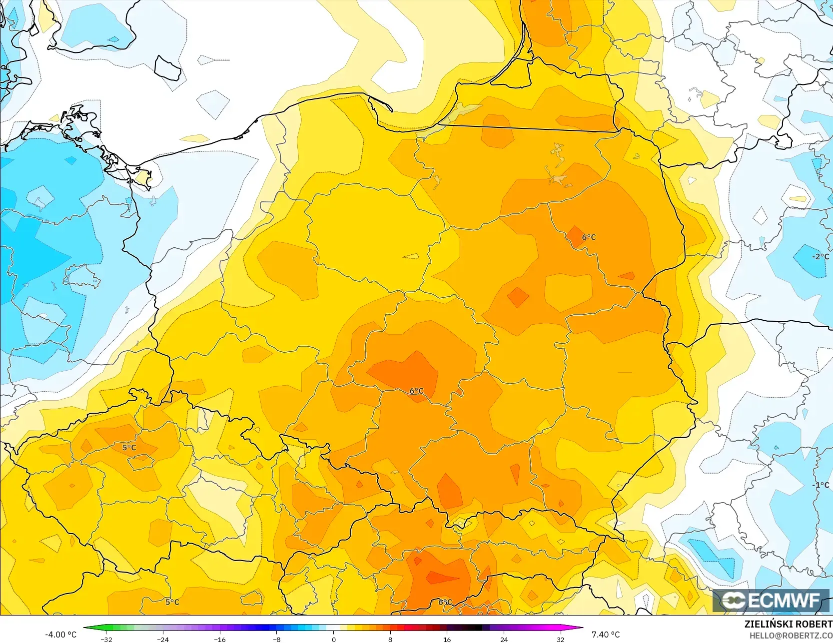 ECMWF IFS 0.25° model - Poland, Temperature at 2m Anomaly