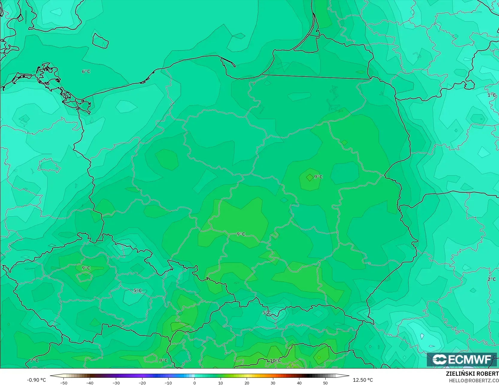 ECMWF IFS 0.25° نموذج - بولندا, درجة الحرارة على ارتفاع 2 م