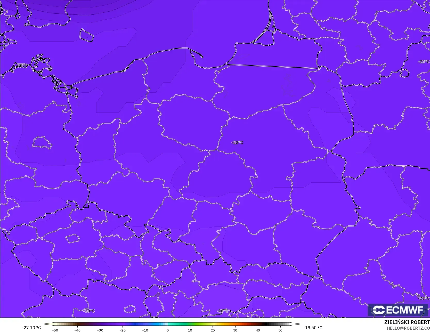 ECMWF IFS 0.25° نموذج - بولندا, درجة الحرارة 500 hPa