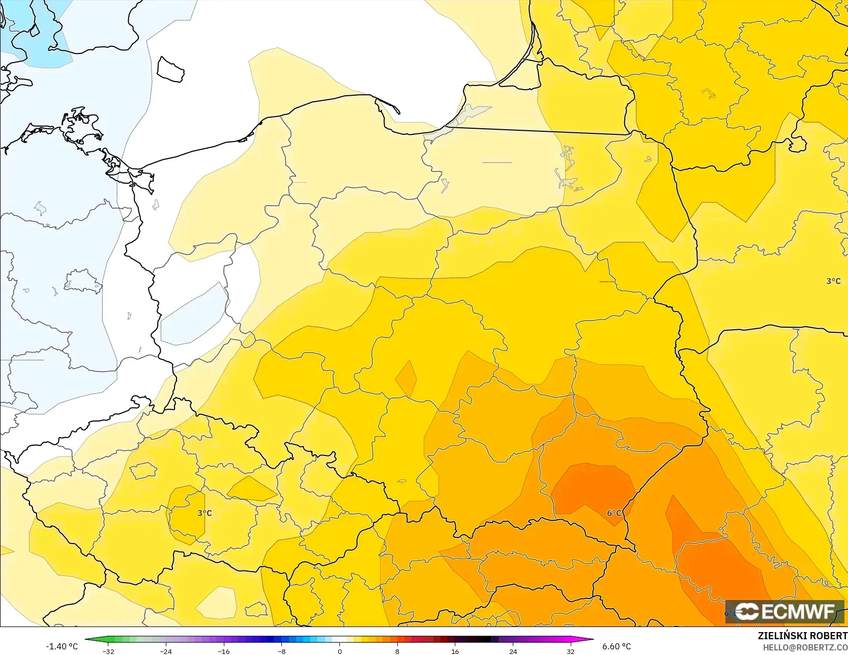 ECMWF IFS 0.25° نموذج - بولندا, انحراف درجة الحرارة 850 hPa