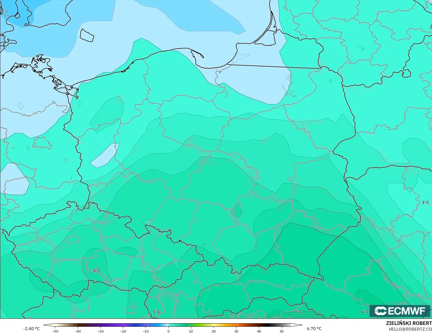 ECMWF IFS 0.25° نموذج - بولندا, درجة الحرارة 850 hPa