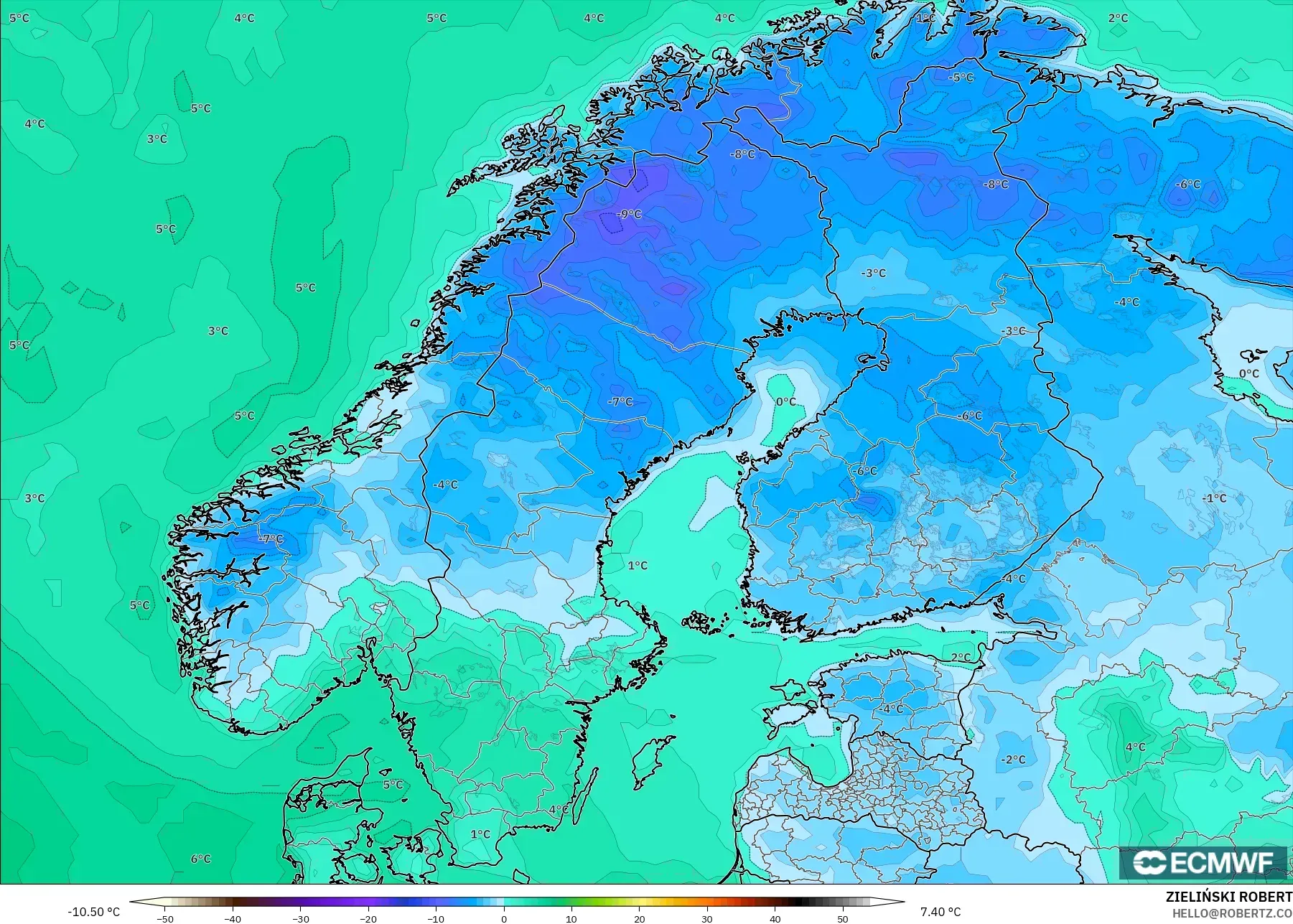ECMWF IFS 0.25° نموذج - إسكندنافيا, نقطة الندى 2 م