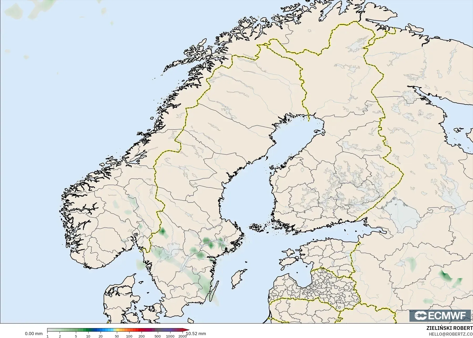ECMWF IFS 0.25° نموذج - إسكندنافيا, تراكم الهطول