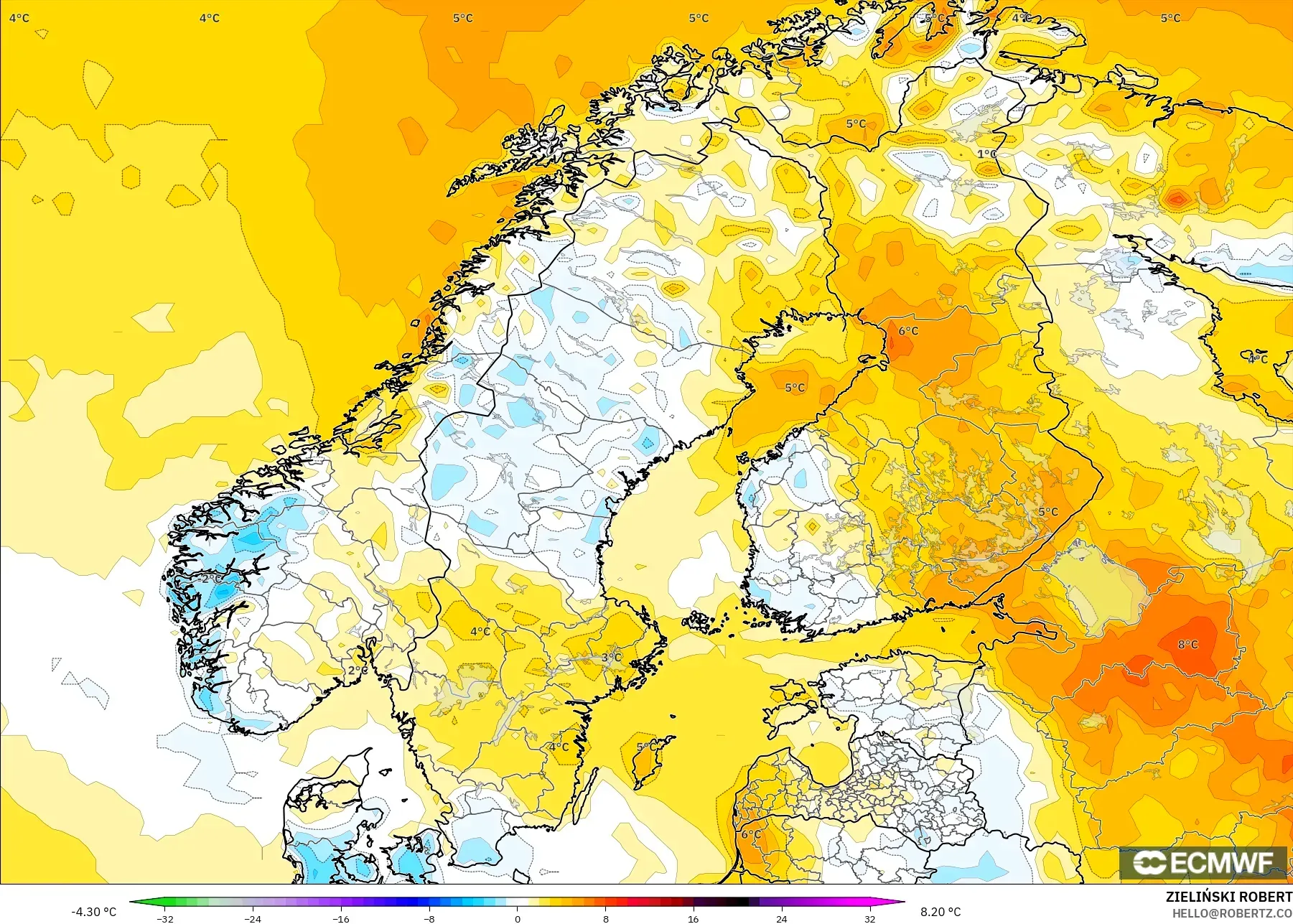 ECMWF IFS 0.25° model - Scandinavia, Temperature at 2m Anomaly