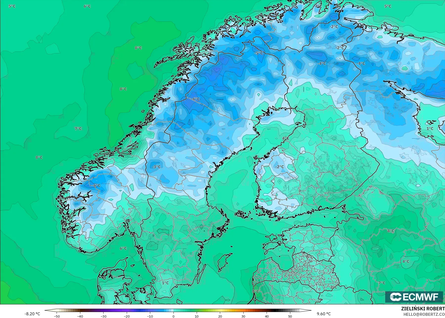 ECMWF IFS 0.25° نموذج - إسكندنافيا, درجة الحرارة على ارتفاع 2 م