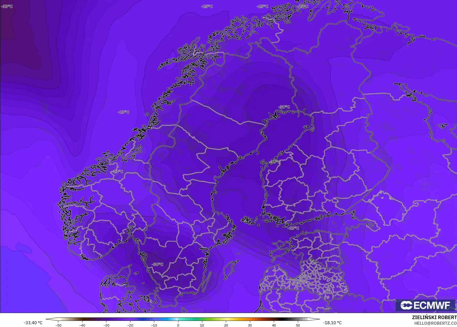 ECMWF IFS 0.25° نموذج - إسكندنافيا, درجة الحرارة 500 hPa