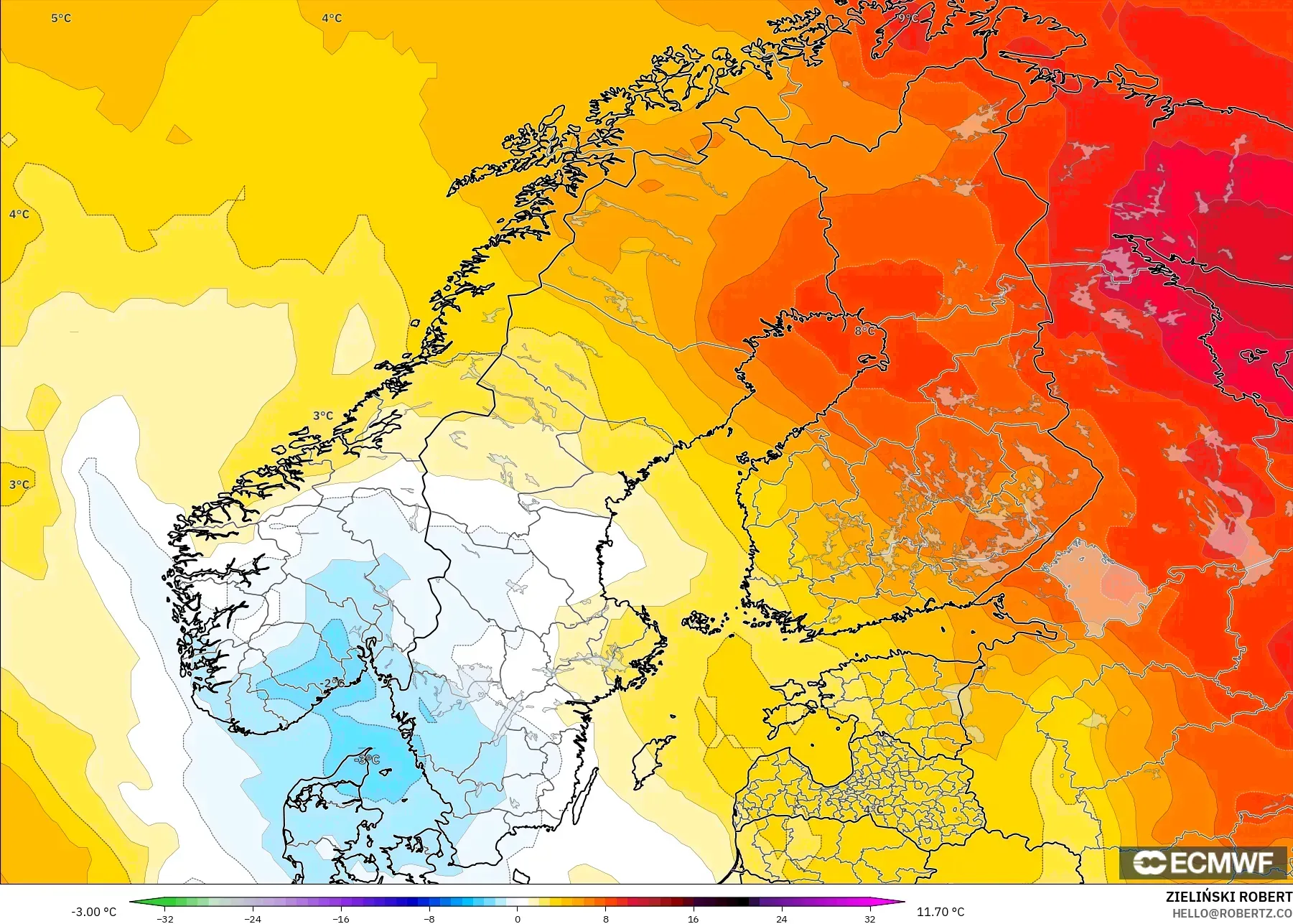 ECMWF IFS 0.25° نموذج - إسكندنافيا, انحراف درجة الحرارة 850 hPa