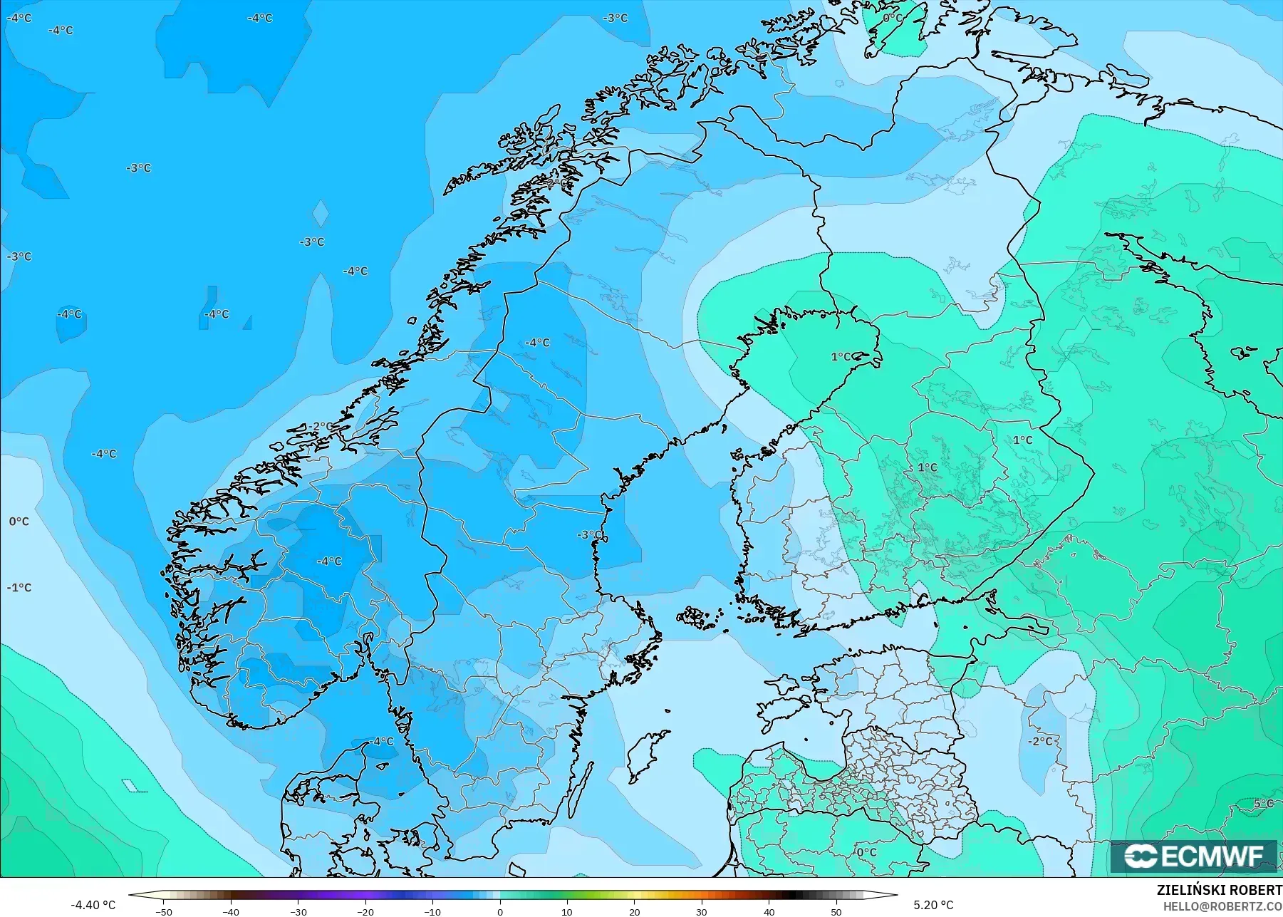 ECMWF IFS 0.25° نموذج - إسكندنافيا, درجة الحرارة 850 hPa