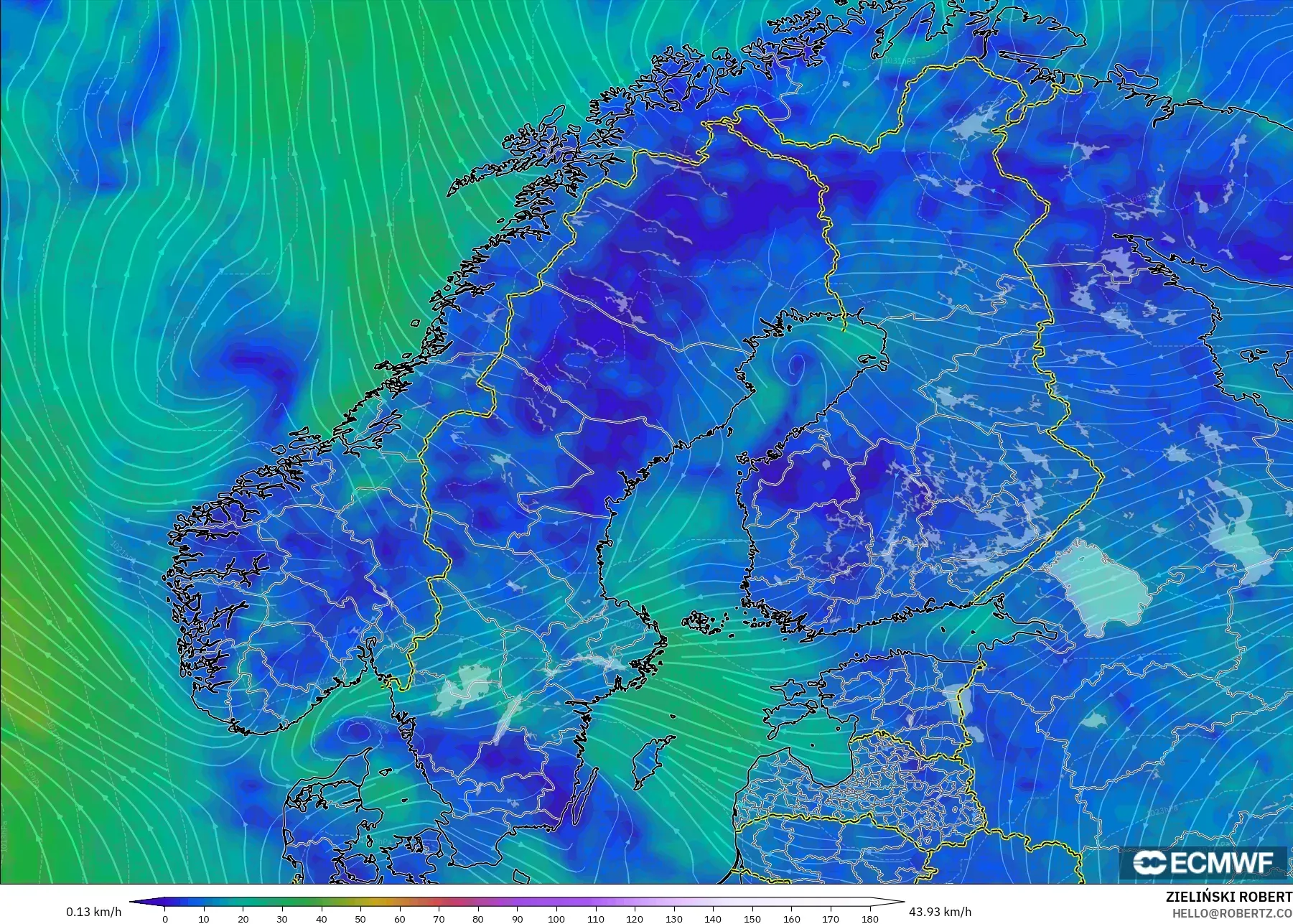 ECMWF IFS 0.25° نموذج - إسكندنافيا, رياح 10 م