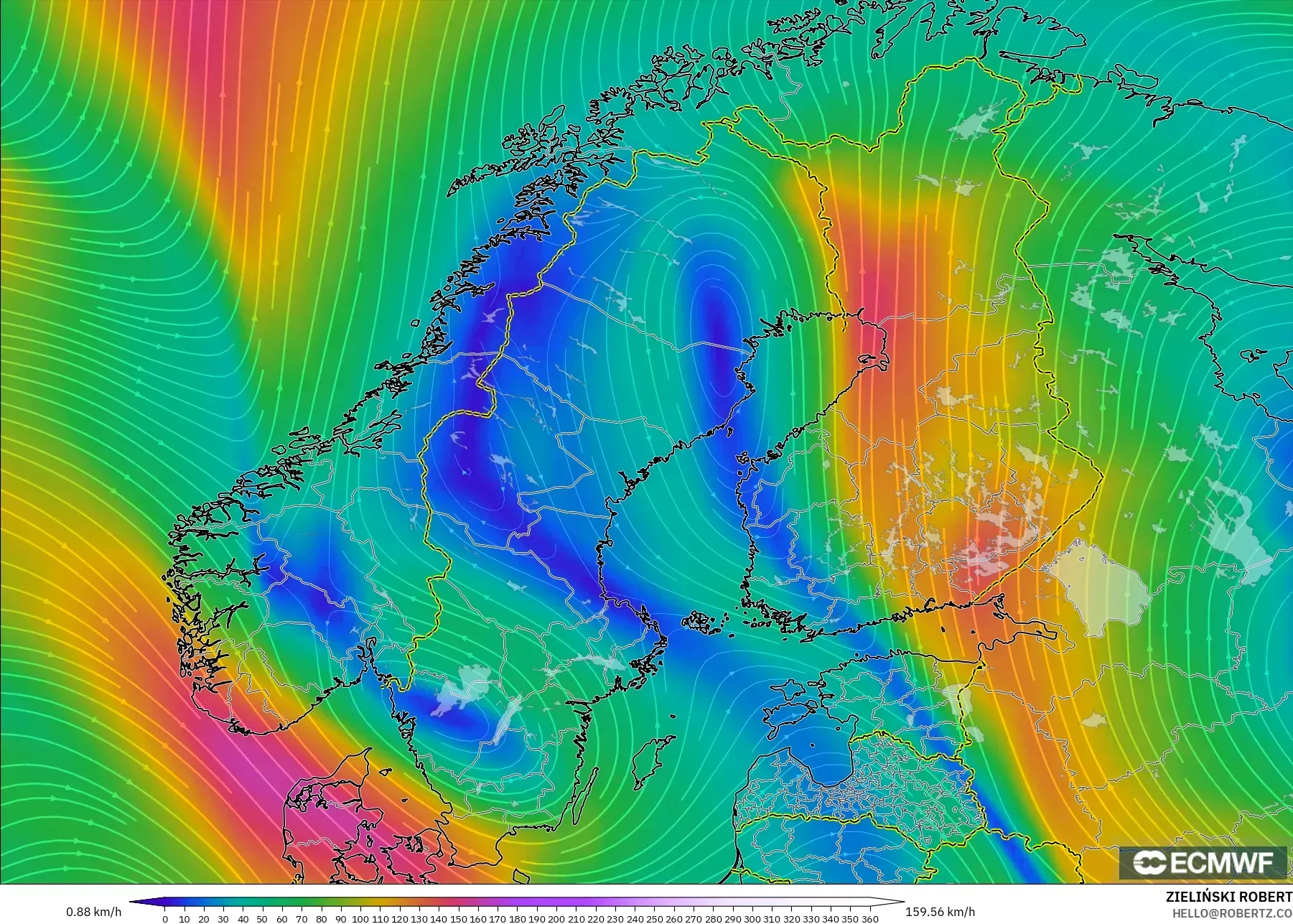 ECMWF IFS 0.25° نموذج - إسكندنافيا, رياح 300 hPa (تيار نفاث)