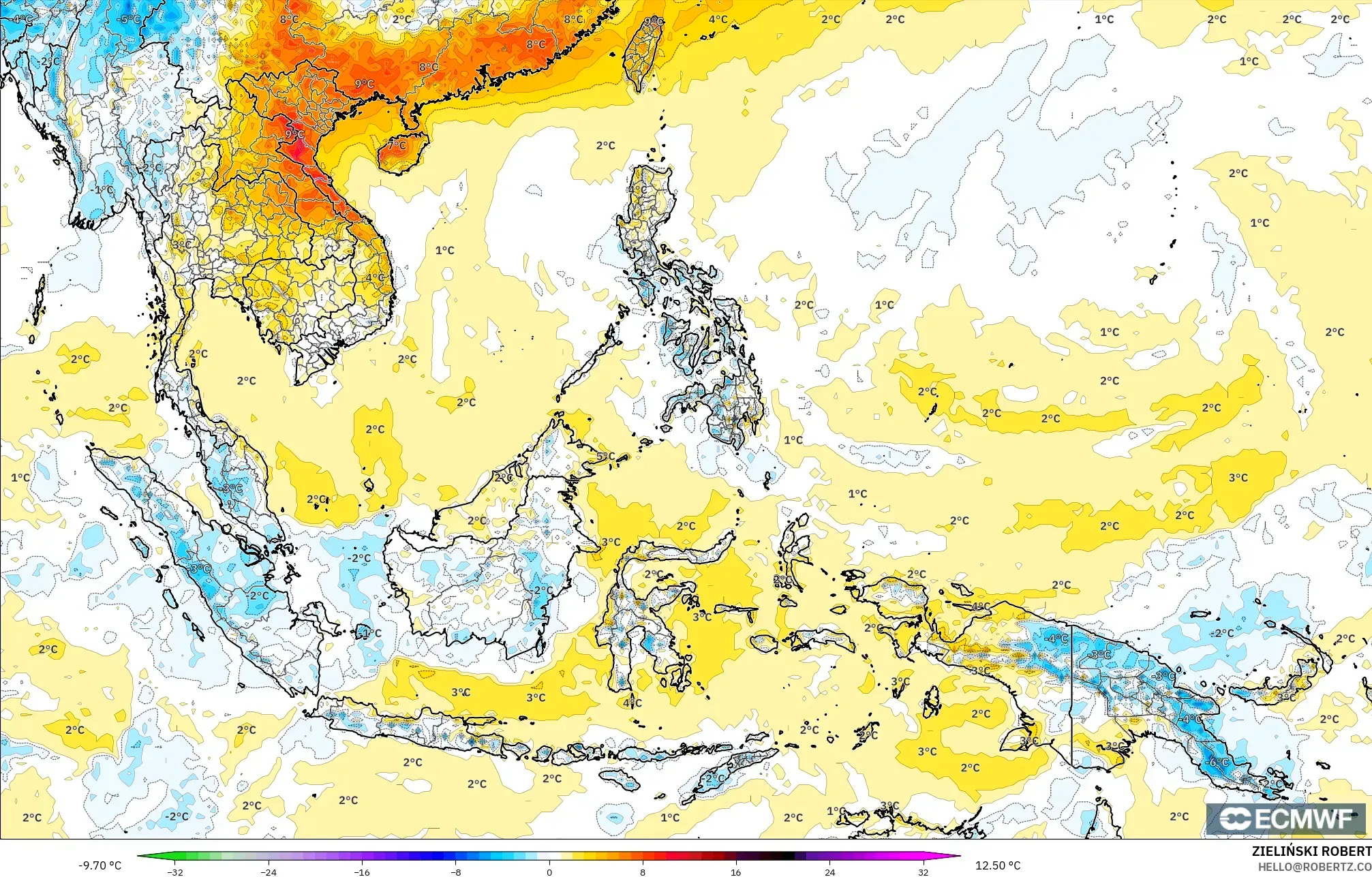 ECMWF IFS 0.25° نموذج - جنوب شرق آسيا, انحراف درجة الحرارة 2 م