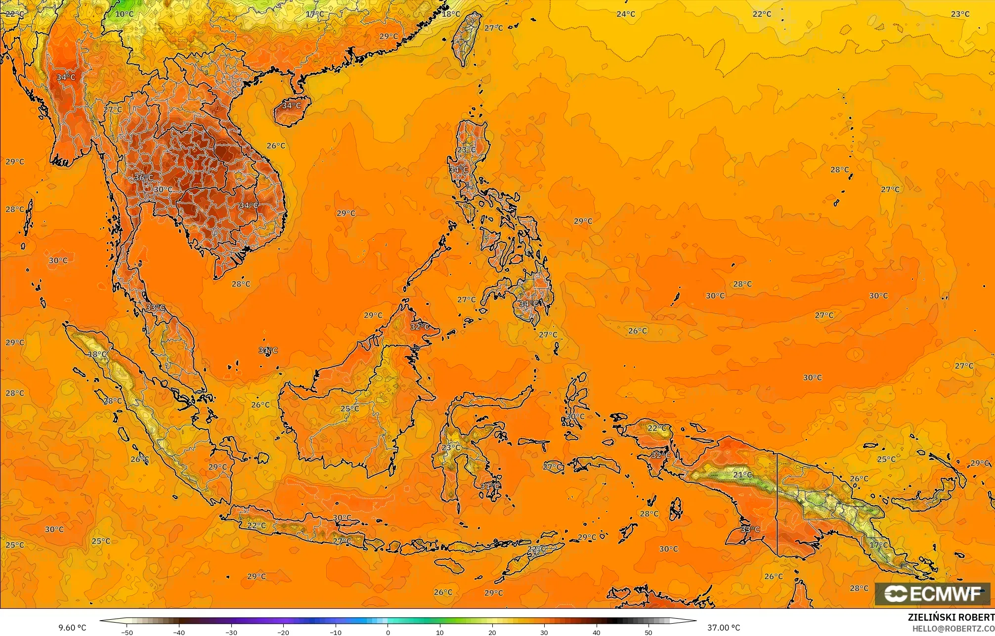 ECMWF IFS 0.25° نموذج - جنوب شرق آسيا, درجة الحرارة على ارتفاع 2 م