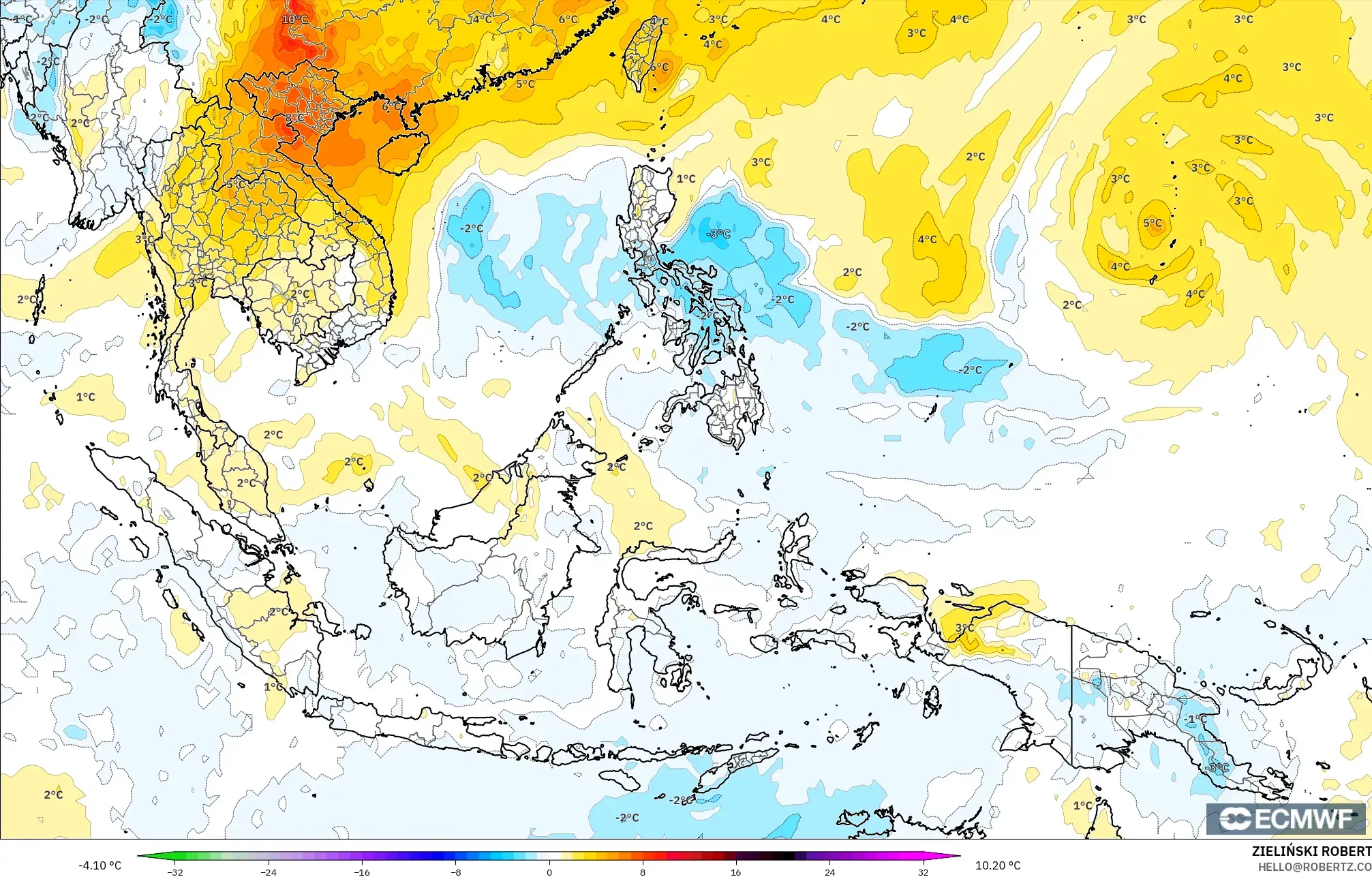 ECMWF IFS 0.25° نموذج - جنوب شرق آسيا, انحراف درجة الحرارة 850 hPa
