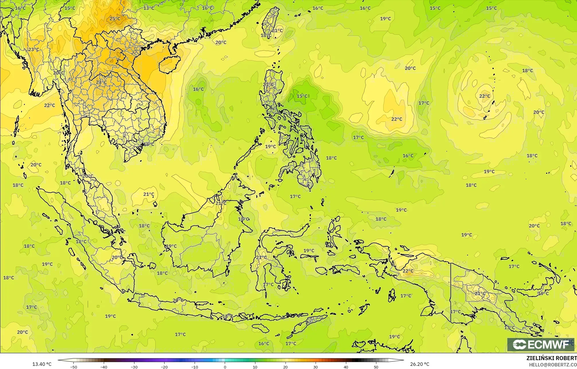 ECMWF IFS 0.25° نموذج - جنوب شرق آسيا, درجة الحرارة 850 hPa