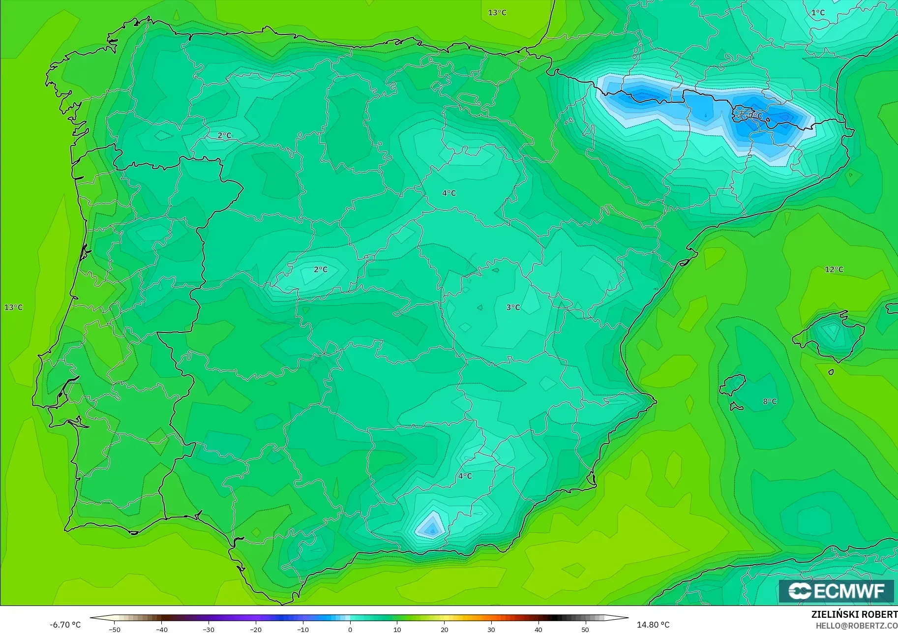 ECMWF IFS 0.25° نموذج - إسبانيا, نقطة الندى 2 م