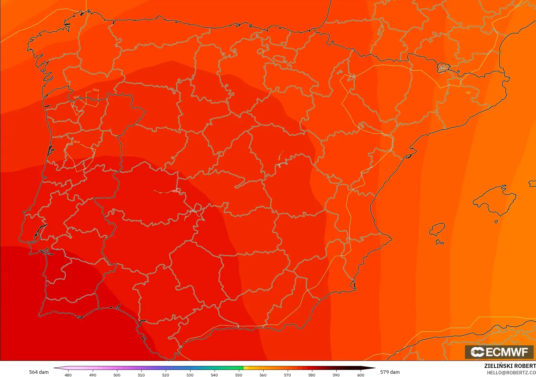 ECMWF IFS 0.25° model - Spain, Geopotential height at 500hPa