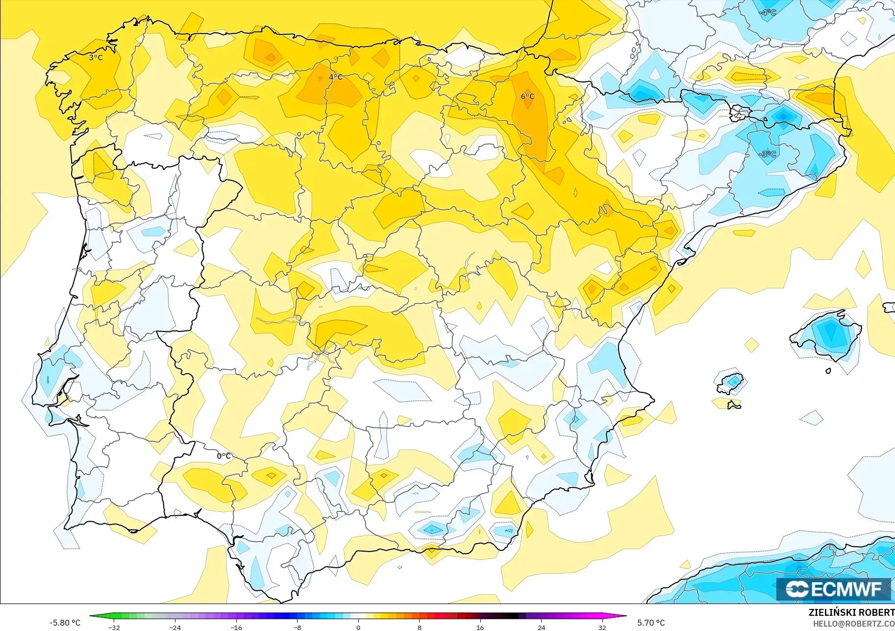 ECMWF IFS 0.25° model - Spain, Temperature at 2m Anomaly