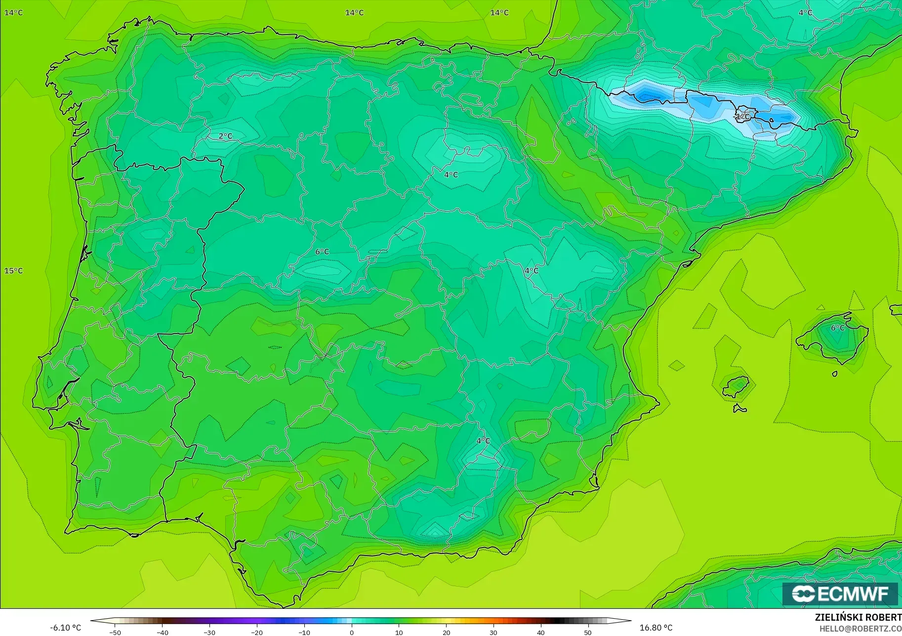 ECMWF IFS 0.25° نموذج - إسبانيا, درجة الحرارة على ارتفاع 2 م