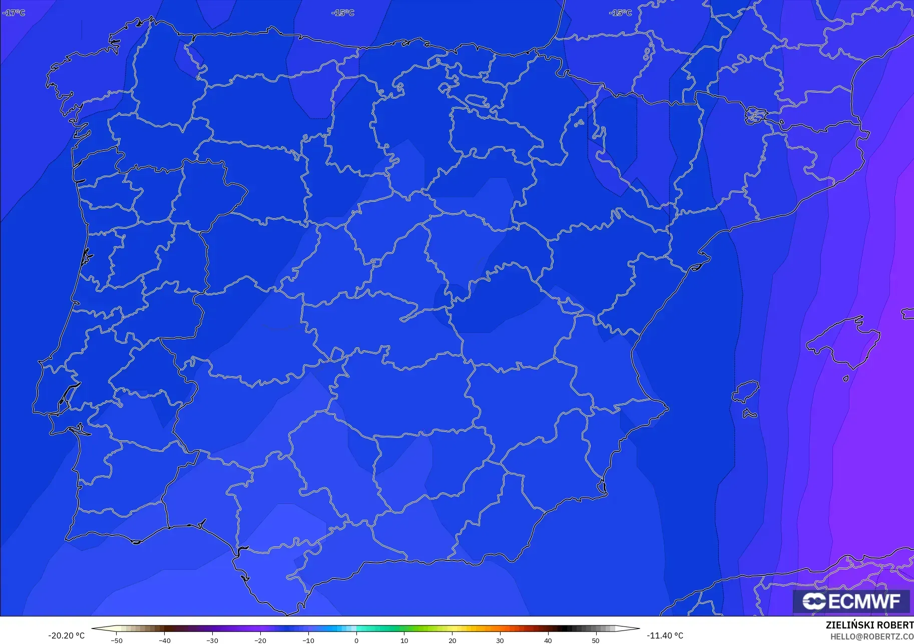 ECMWF IFS 0.25° نموذج - إسبانيا, درجة الحرارة 500 hPa