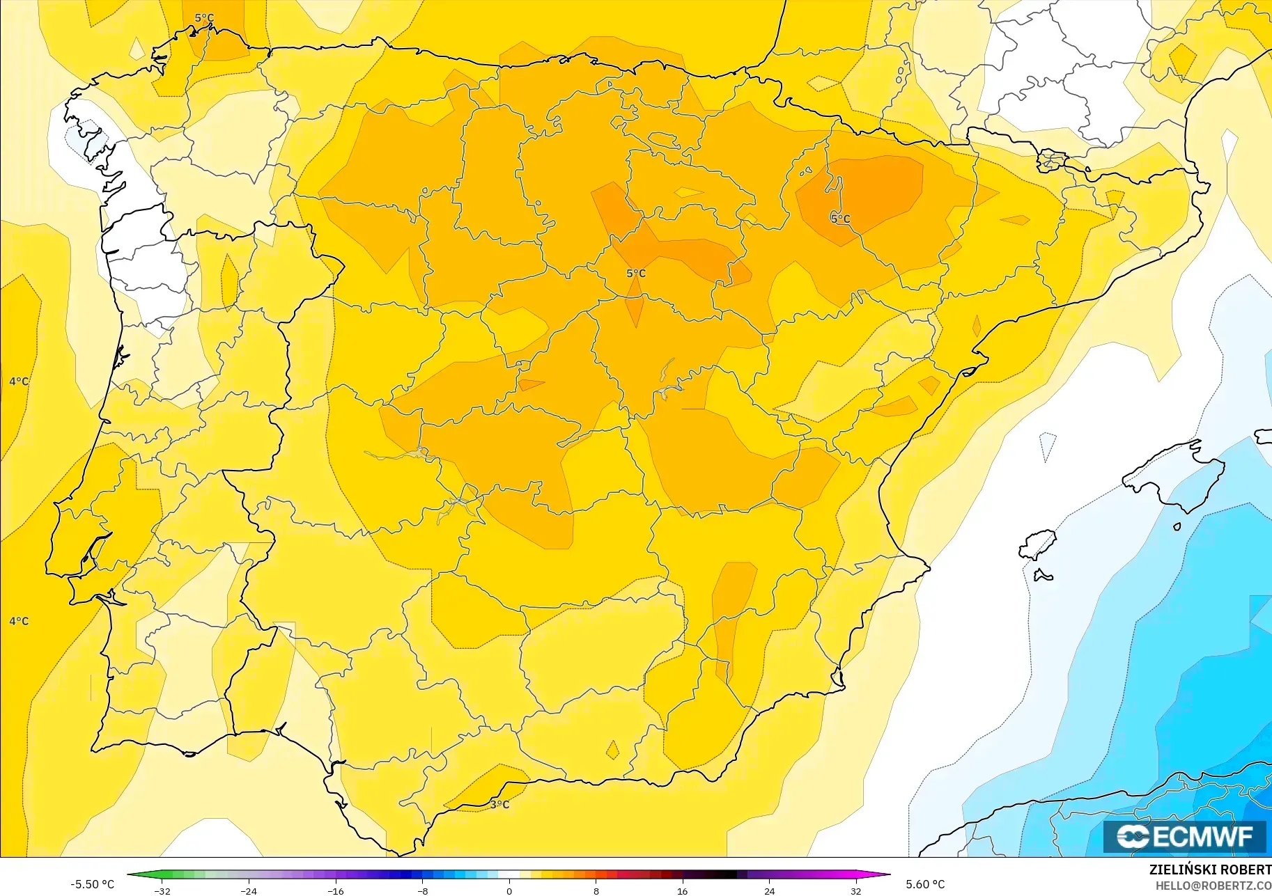 ECMWF IFS 0.25° نموذج - إسبانيا, انحراف درجة الحرارة 850 hPa