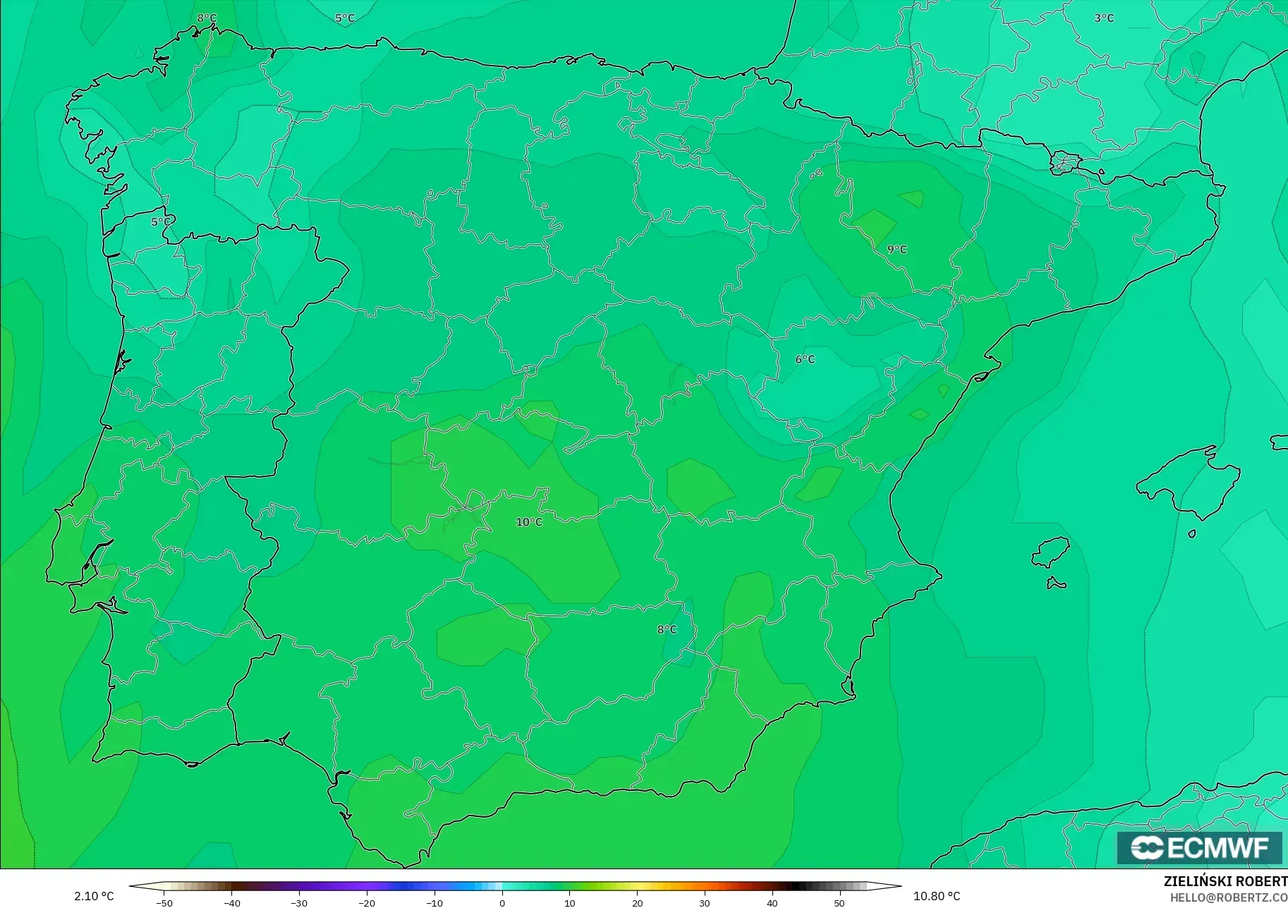 ECMWF IFS 0.25° نموذج - إسبانيا, درجة الحرارة 850 hPa