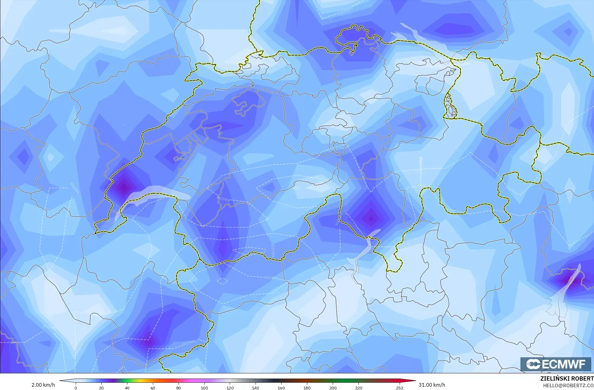 ECMWF IFS 0.25° نموذج - سويسرا, هبات الرياح