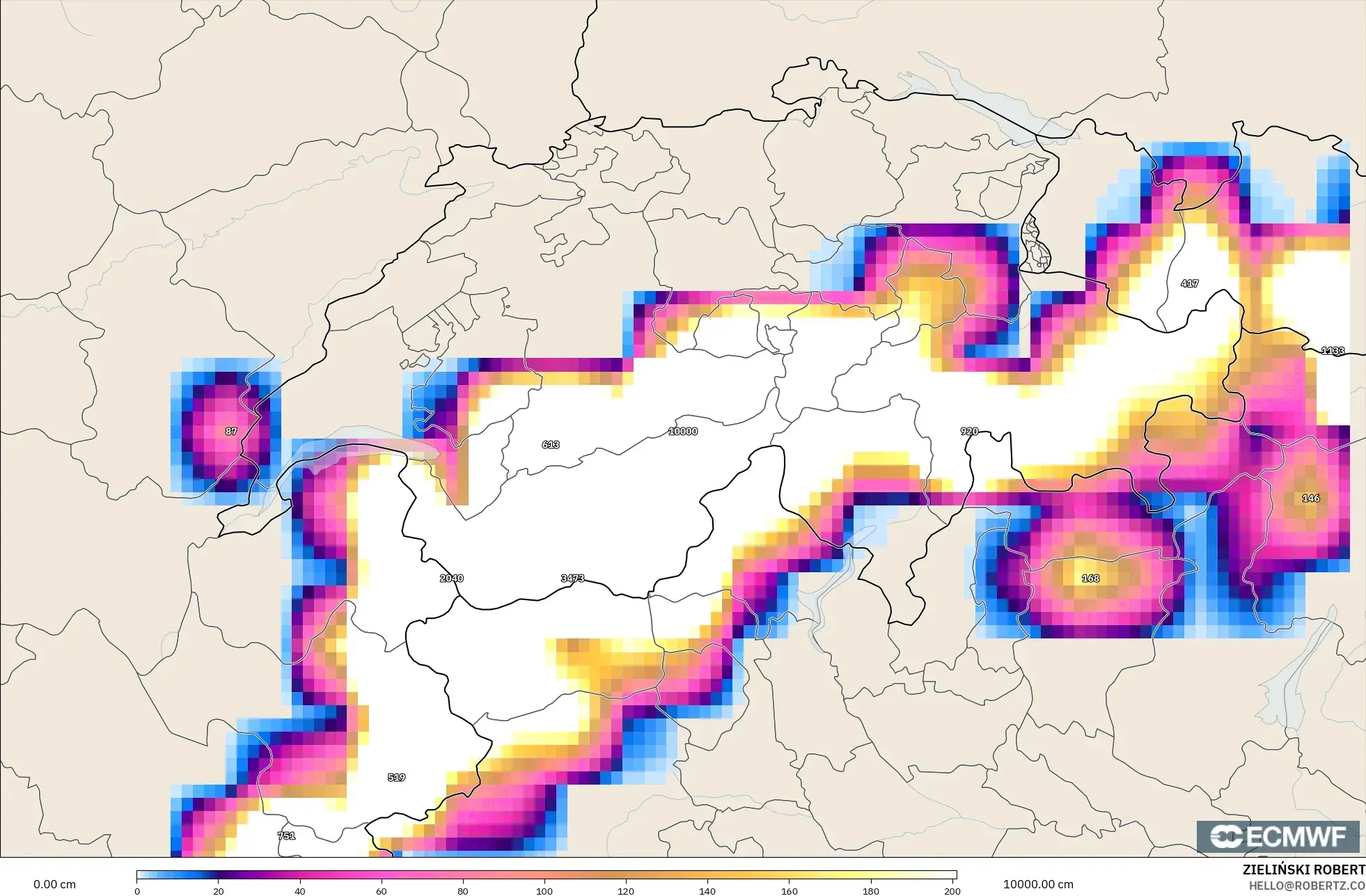 ECMWF IFS 0.25° نموذج - سويسرا, عمق الثلج