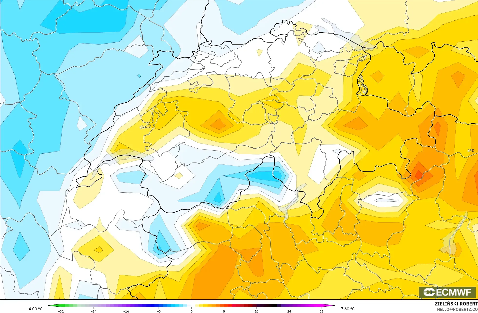 ECMWF IFS 0.25° نموذج - سويسرا, انحراف درجة الحرارة 2 م