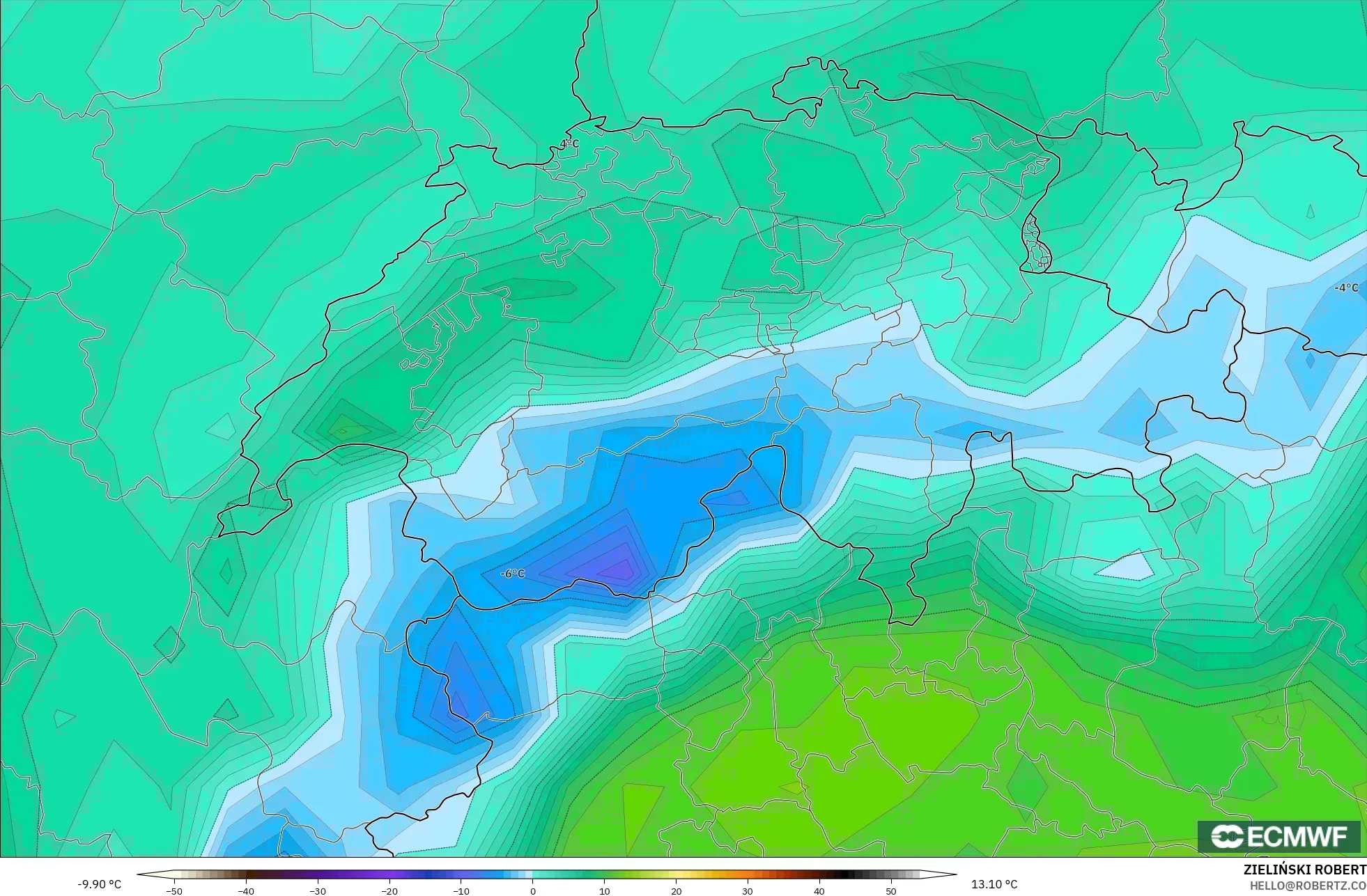 ECMWF IFS 0.25° نموذج - سويسرا, درجة الحرارة على ارتفاع 2 م