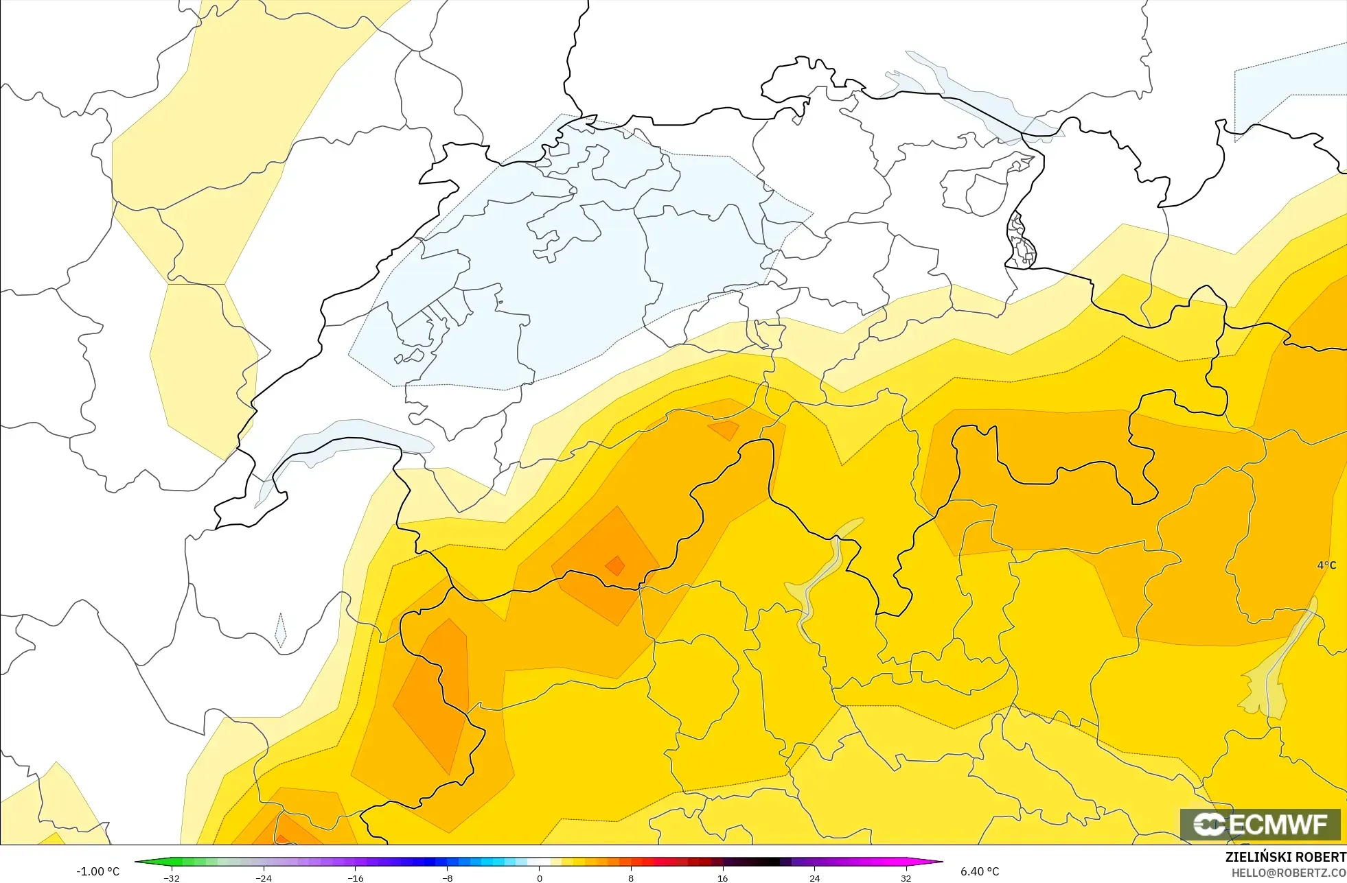 ECMWF IFS 0.25° نموذج - سويسرا, انحراف درجة الحرارة 850 hPa