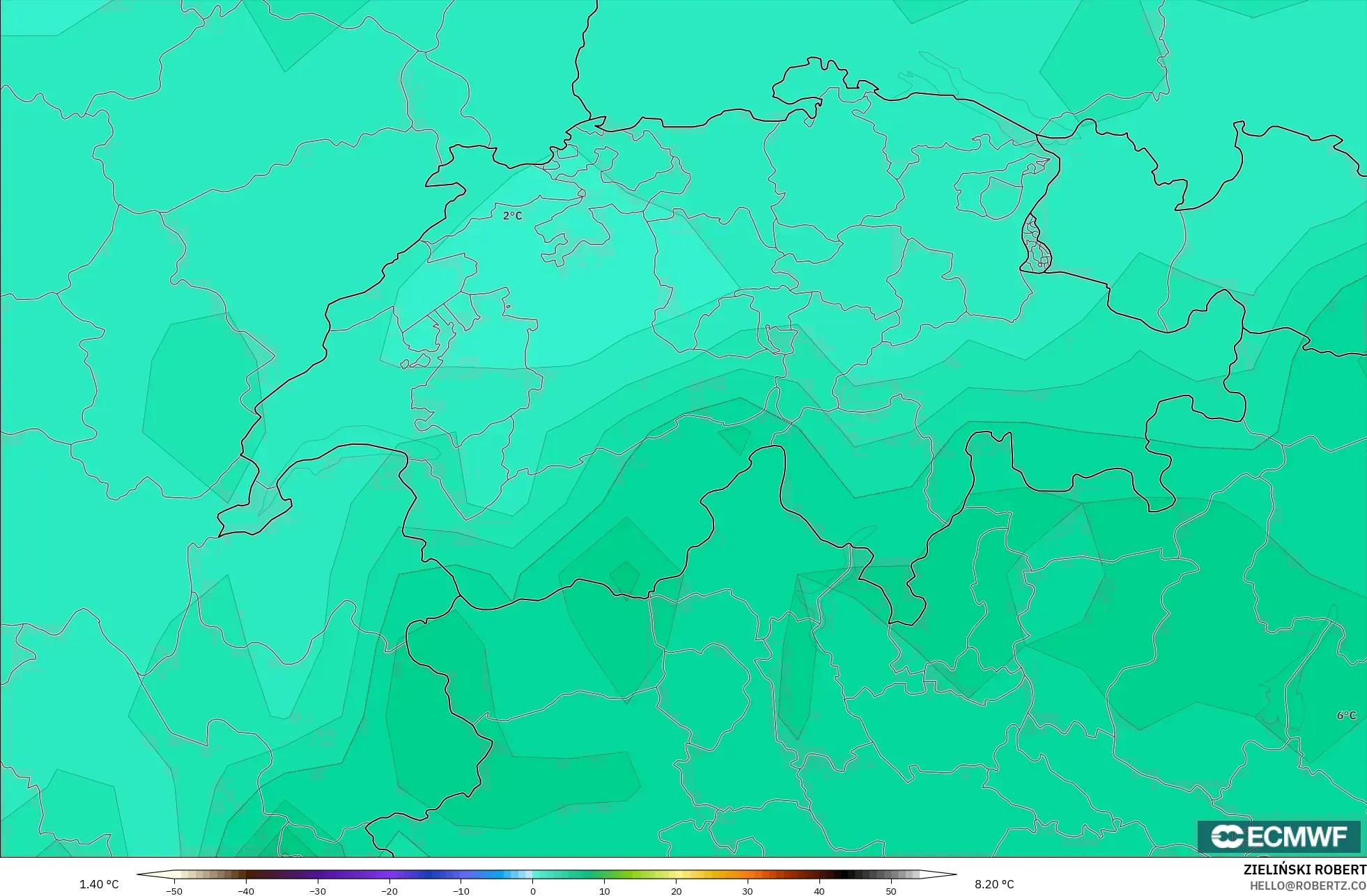 ECMWF IFS 0.25° نموذج - سويسرا, درجة الحرارة 850 hPa
