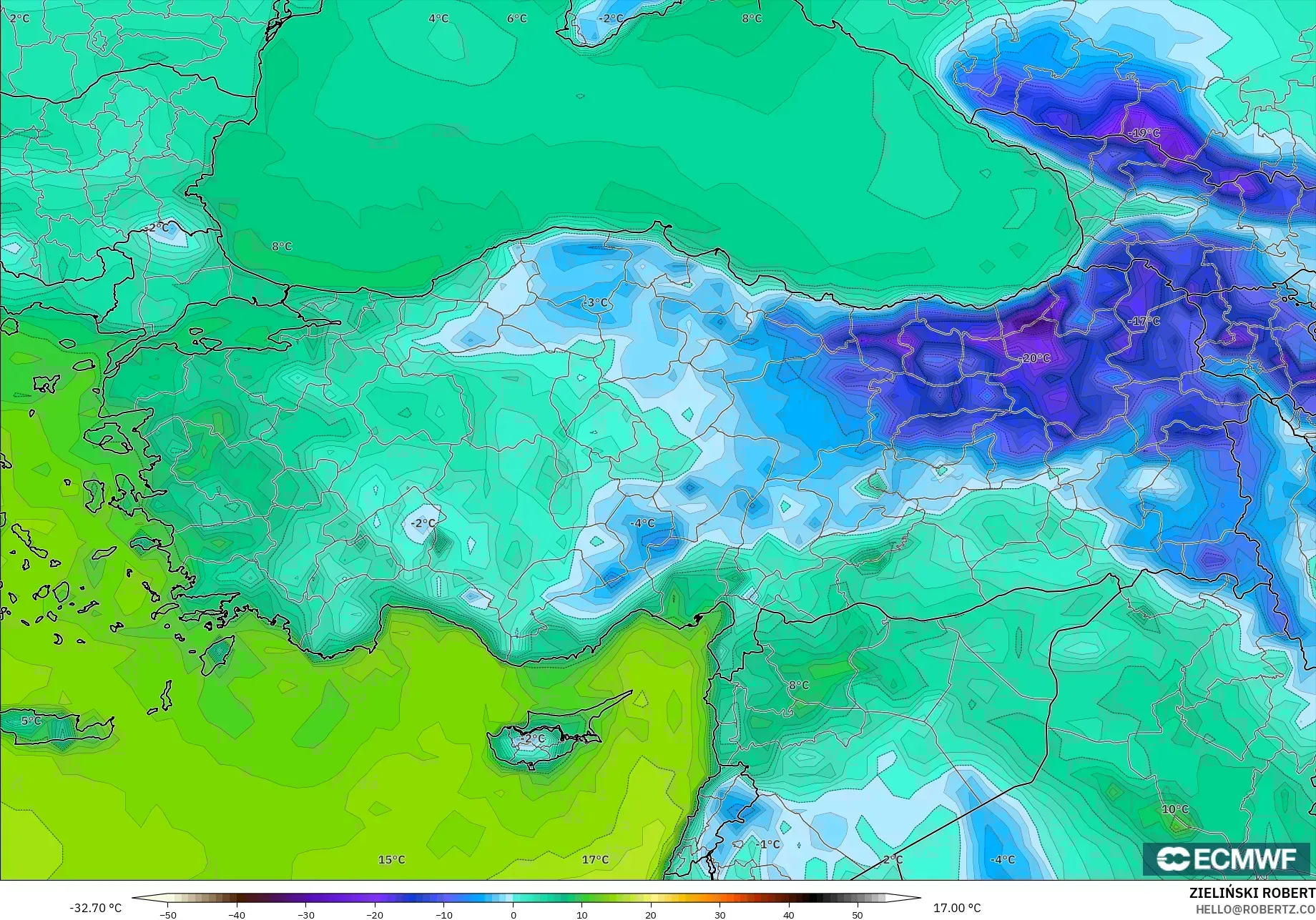 ECMWF IFS 0.25° نموذج - تركيا, نقطة الندى 2 م