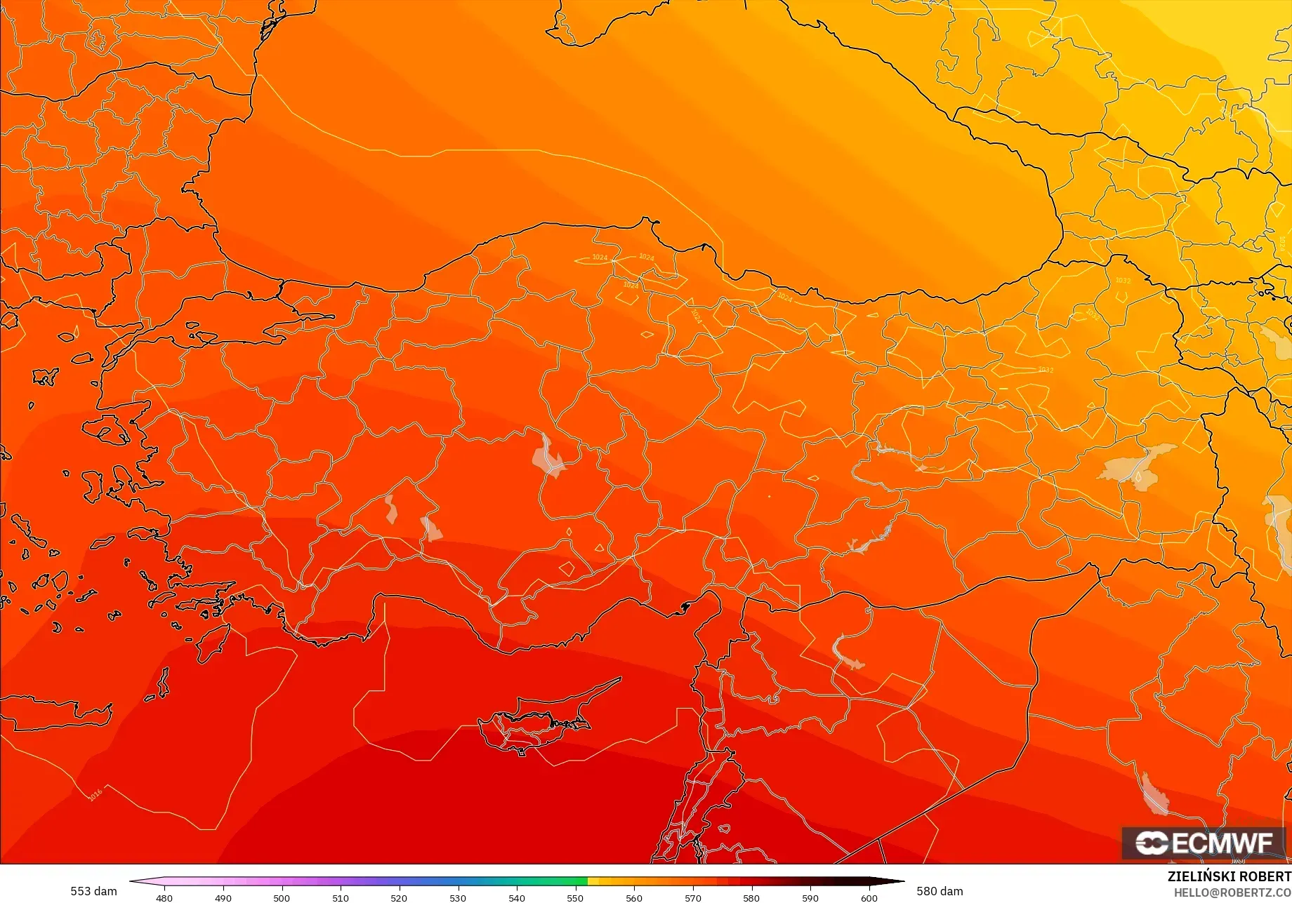 ECMWF IFS 0.25° model - Turkey, Geopotential height at 500hPa