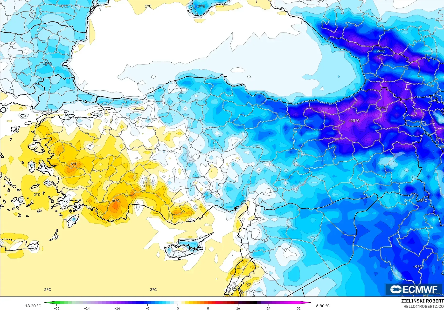 ECMWF IFS 0.25° model - Turkey, Temperature at 2m Anomaly