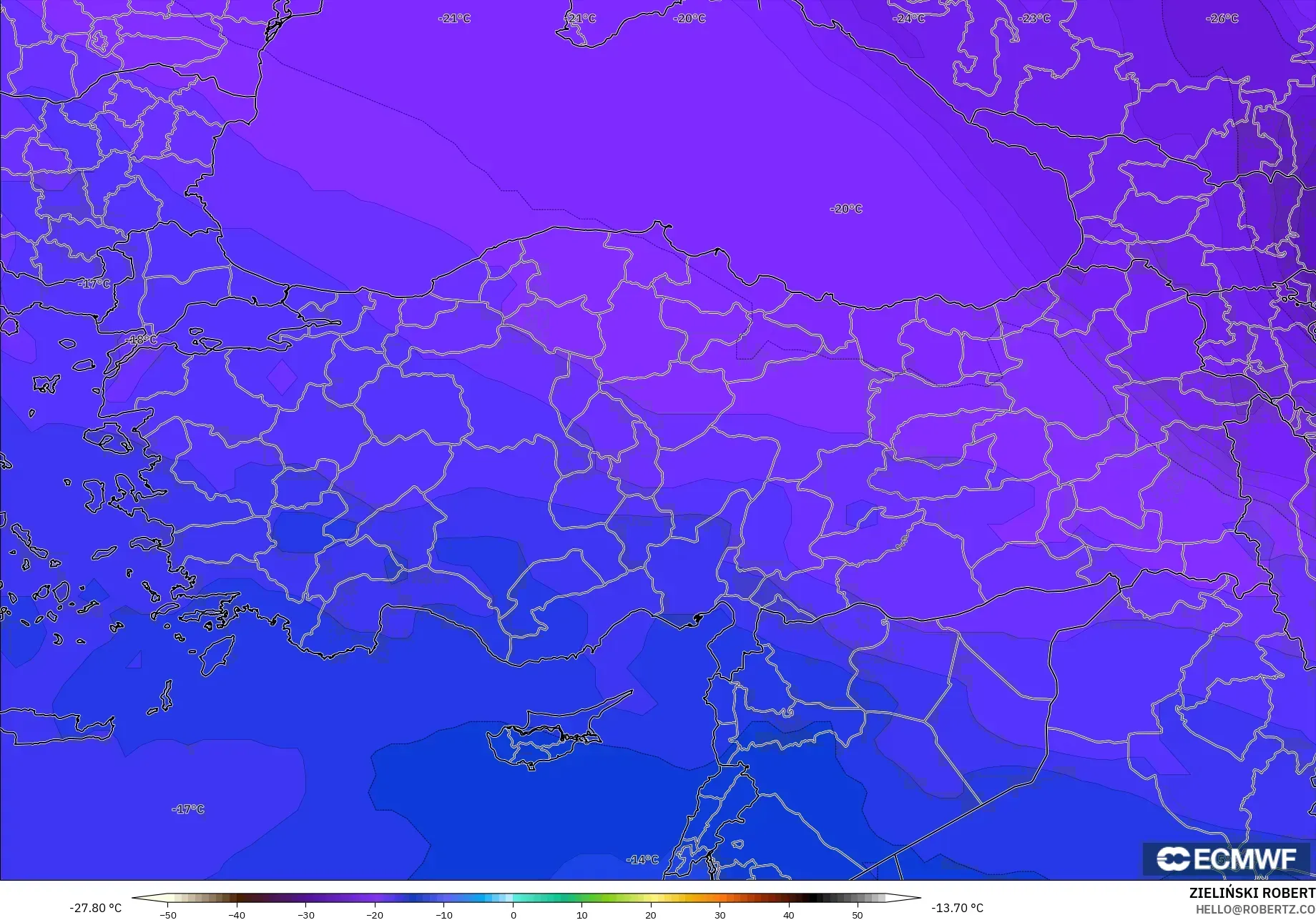 ECMWF IFS 0.25° نموذج - تركيا, درجة الحرارة 500 hPa