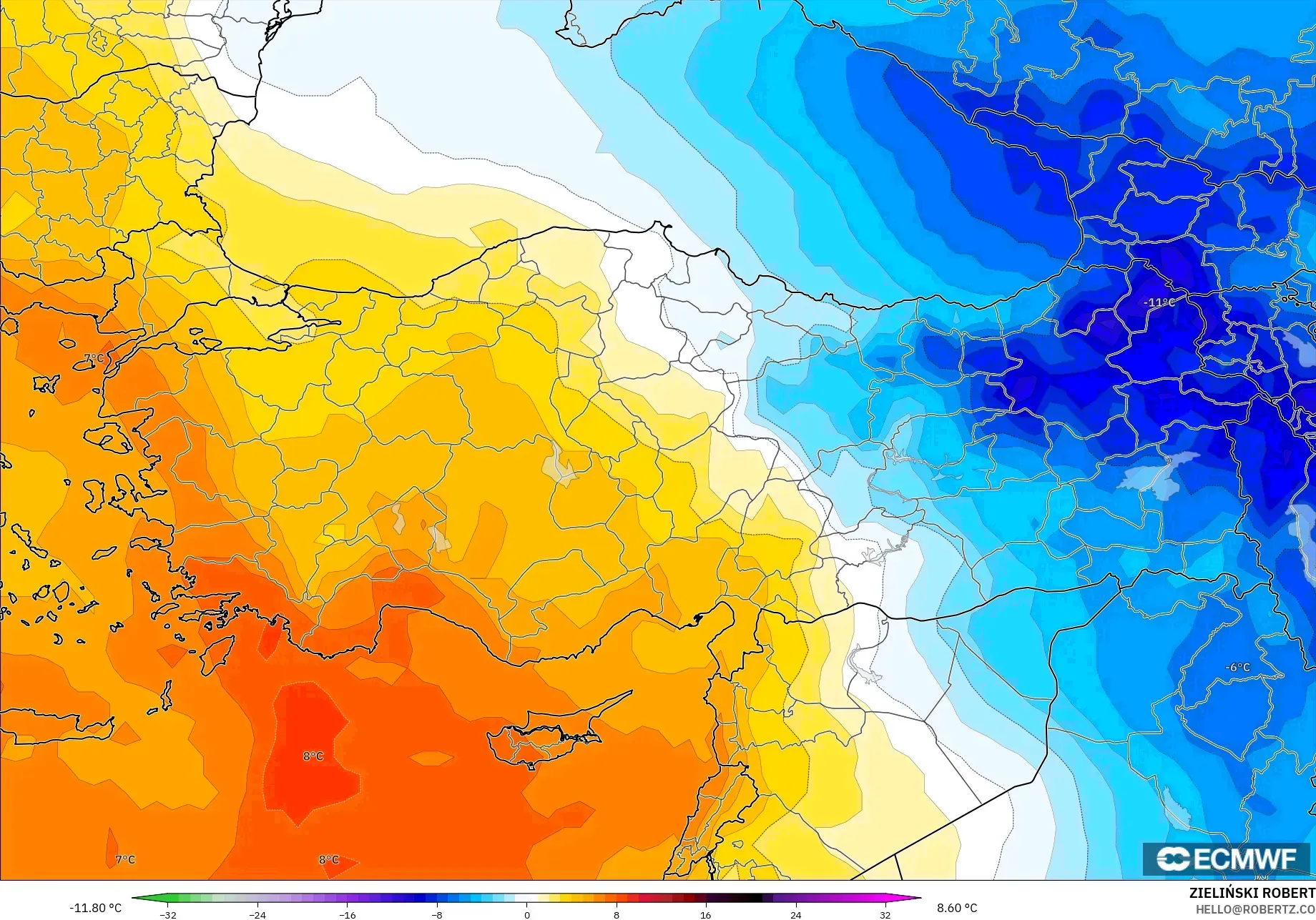 ECMWF IFS 0.25° نموذج - تركيا, انحراف درجة الحرارة 850 hPa