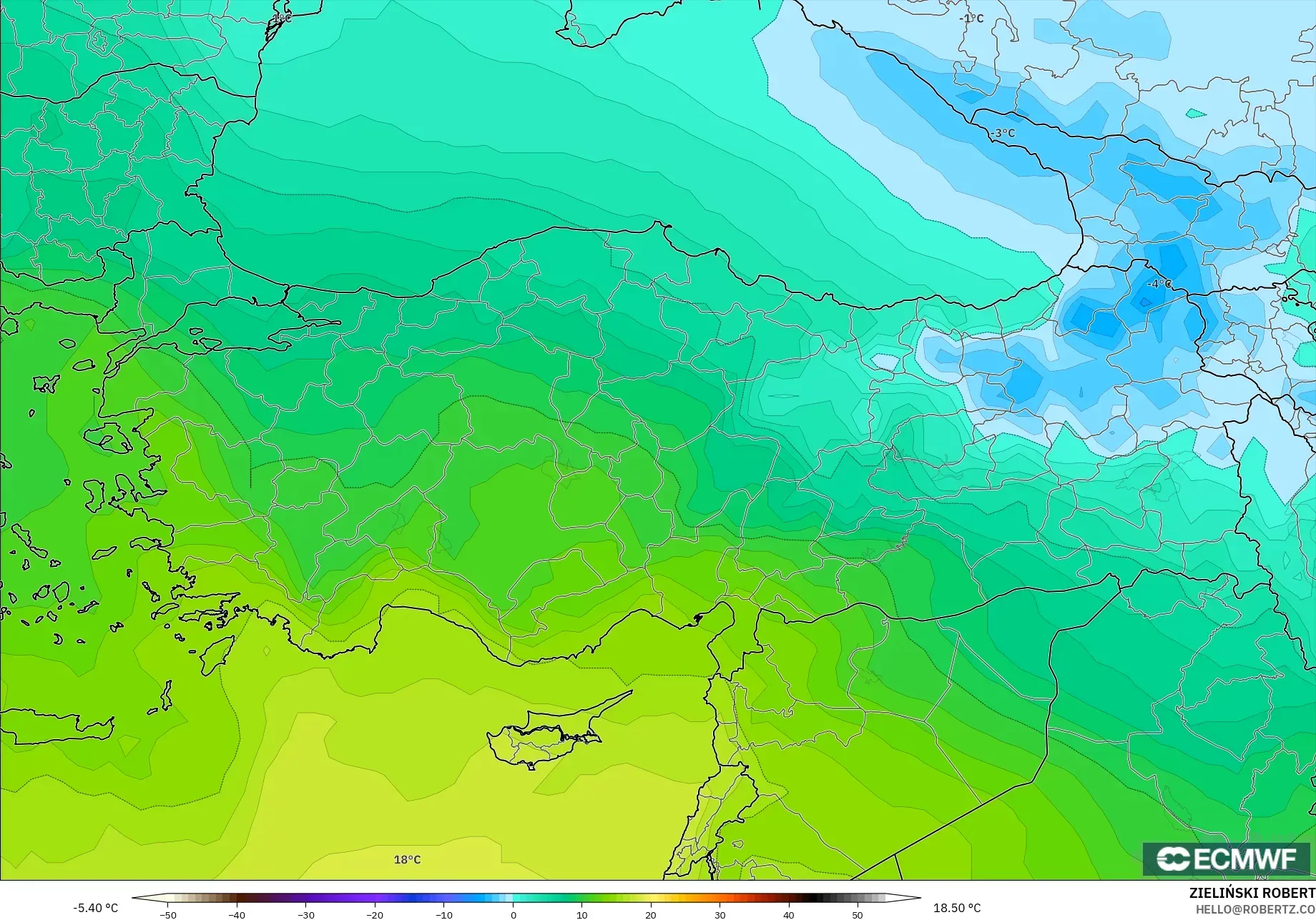 ECMWF IFS 0.25° نموذج - تركيا, درجة الحرارة 850 hPa