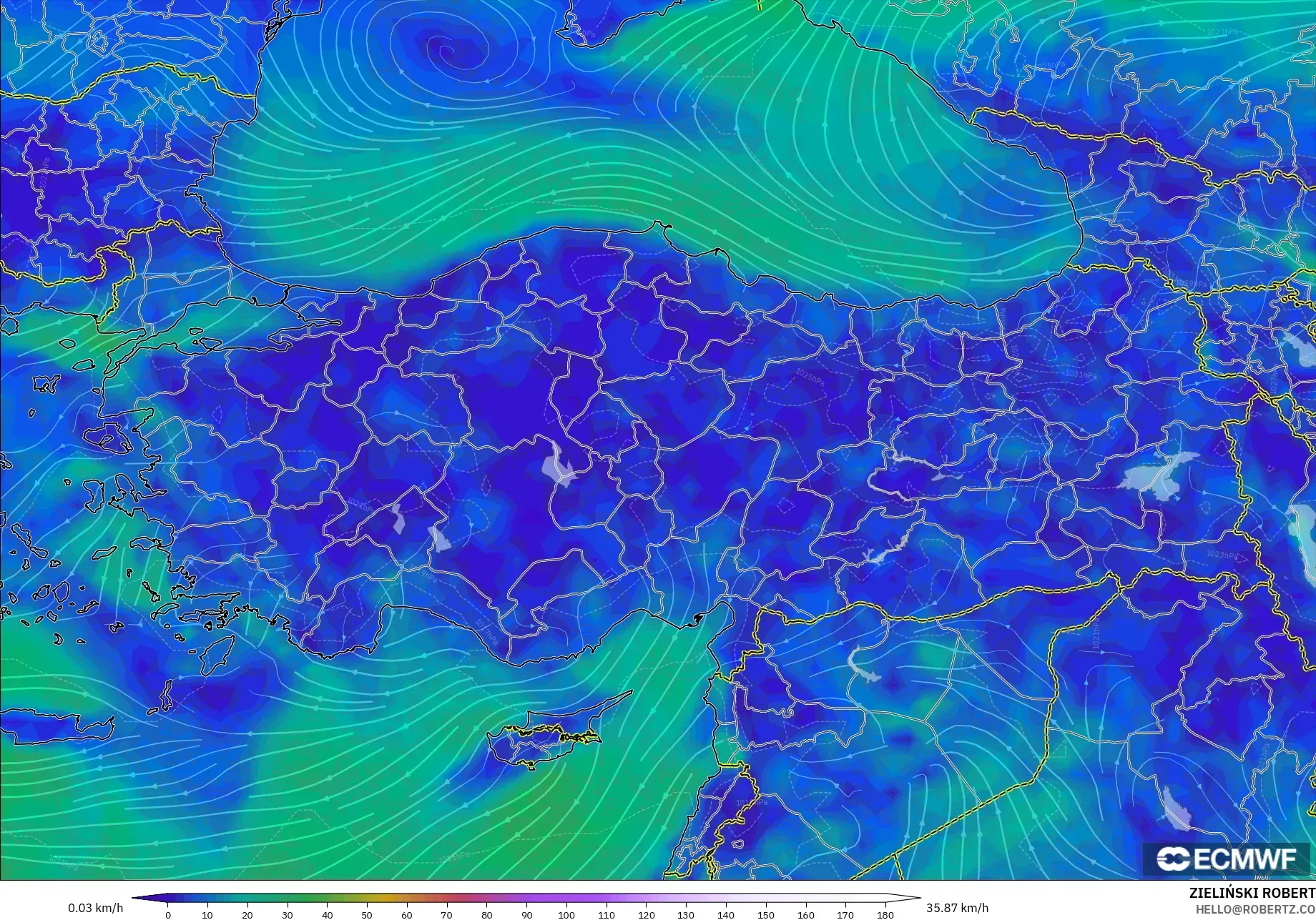 ECMWF IFS 0.25° نموذج - تركيا, رياح 10 م