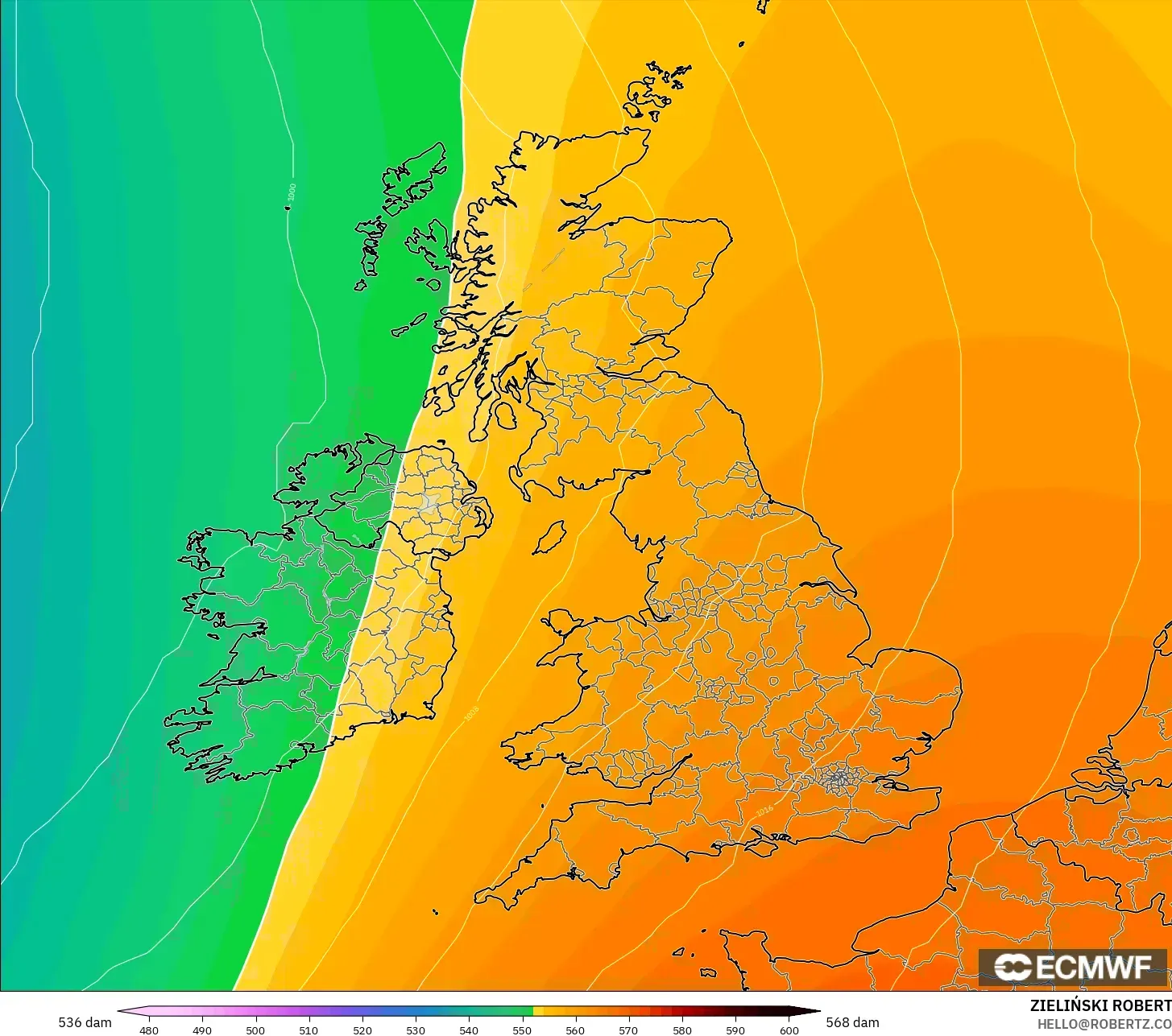 ECMWF IFS 0.25° model - United Kingdom, Geopotential height at 500hPa