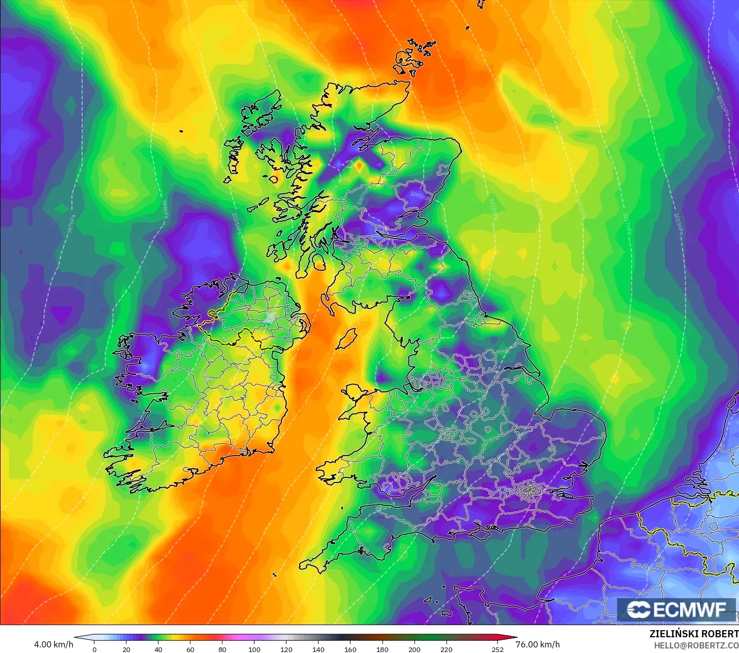 ECMWF IFS 0.25° نموذج - المملكة المتحدة, أقصى هبة