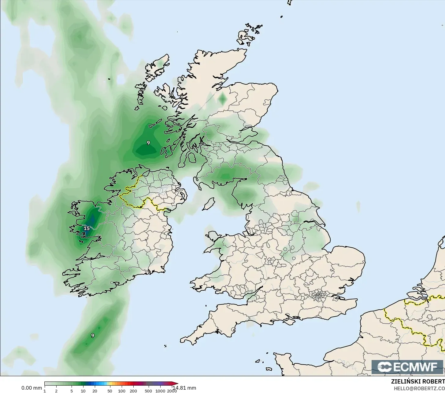 ECMWF IFS 0.25° نموذج - المملكة المتحدة, تراكم الهطول